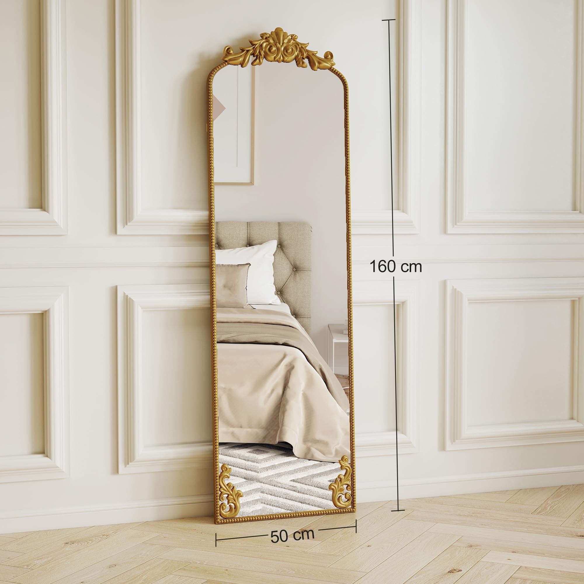 HOMCOM Specchio da Terra Stile Barocco 50x160 cm Parete Autoportante Oro | Figura Intera, Cornice in Metallo, Camera da Letto, Soggiorno, Ingresso