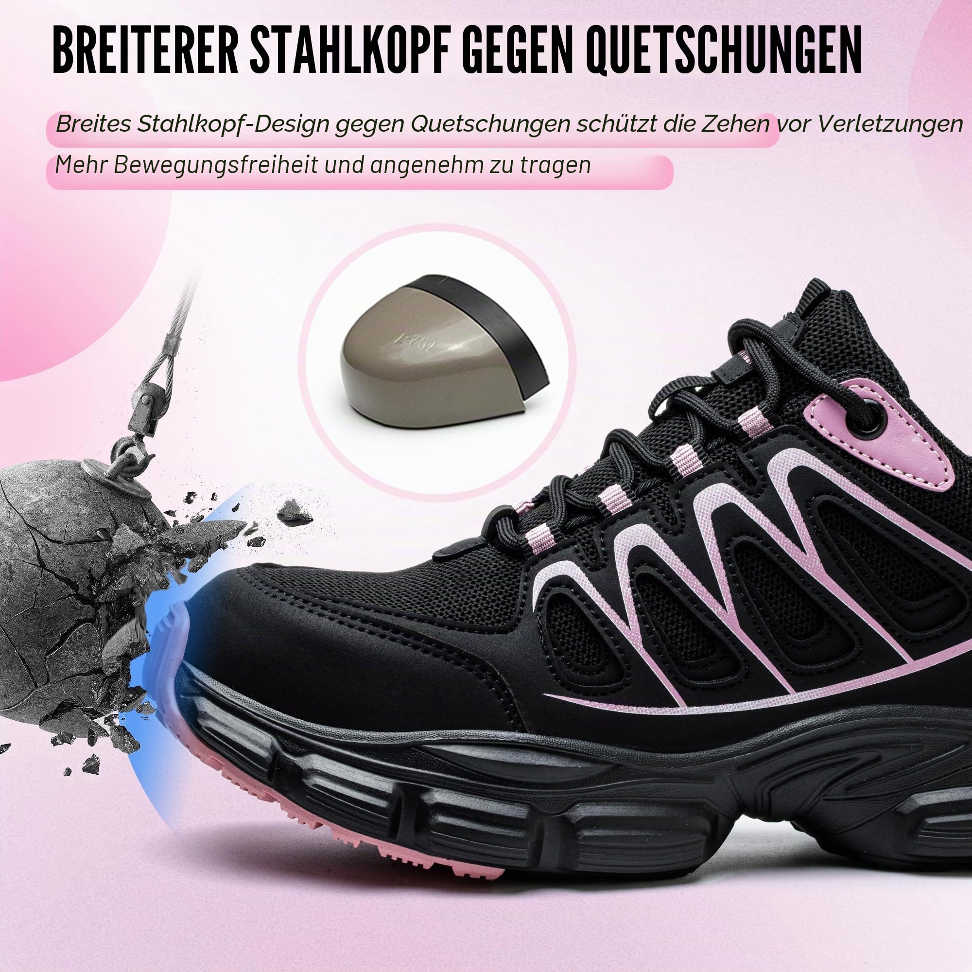 Sicherheitsschuhe für Damen, Stahlkappe, Sneaker, Arbeitssicherheitsschuhe, leicht, atmungsaktiv, Industrie-Sneaker, rutschfest, pannensicher, schwarz/pink, 39 EU
