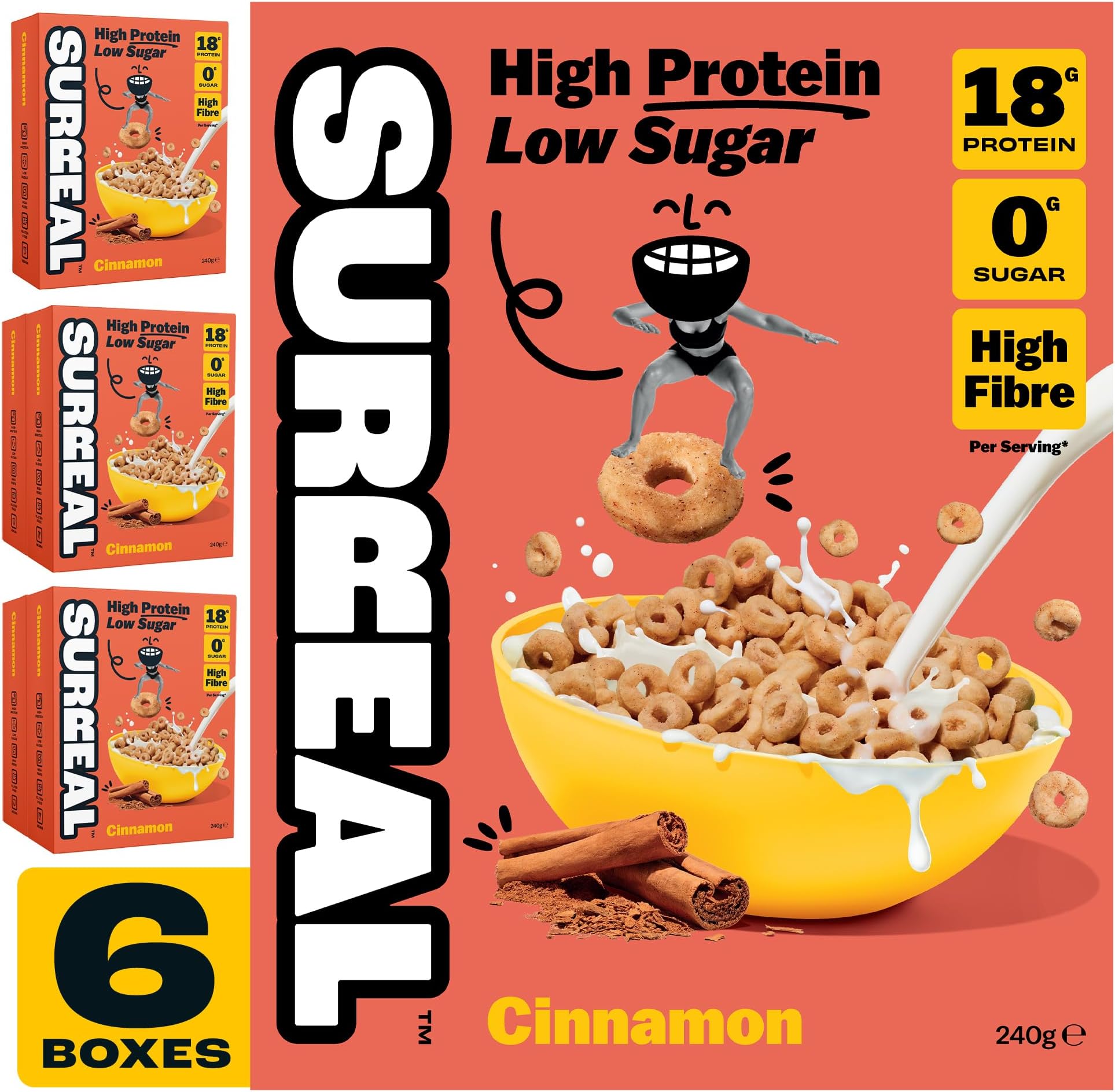 Surreal Cinnamon - High Protein Keto Cereal 6 Pack - Zero Sugar- Healthy Plant Based Cereal - High in Fibre - Low Carb - Gluten Free - Vegan - 18g of Protein, 0g of Sugar - 240g per Box