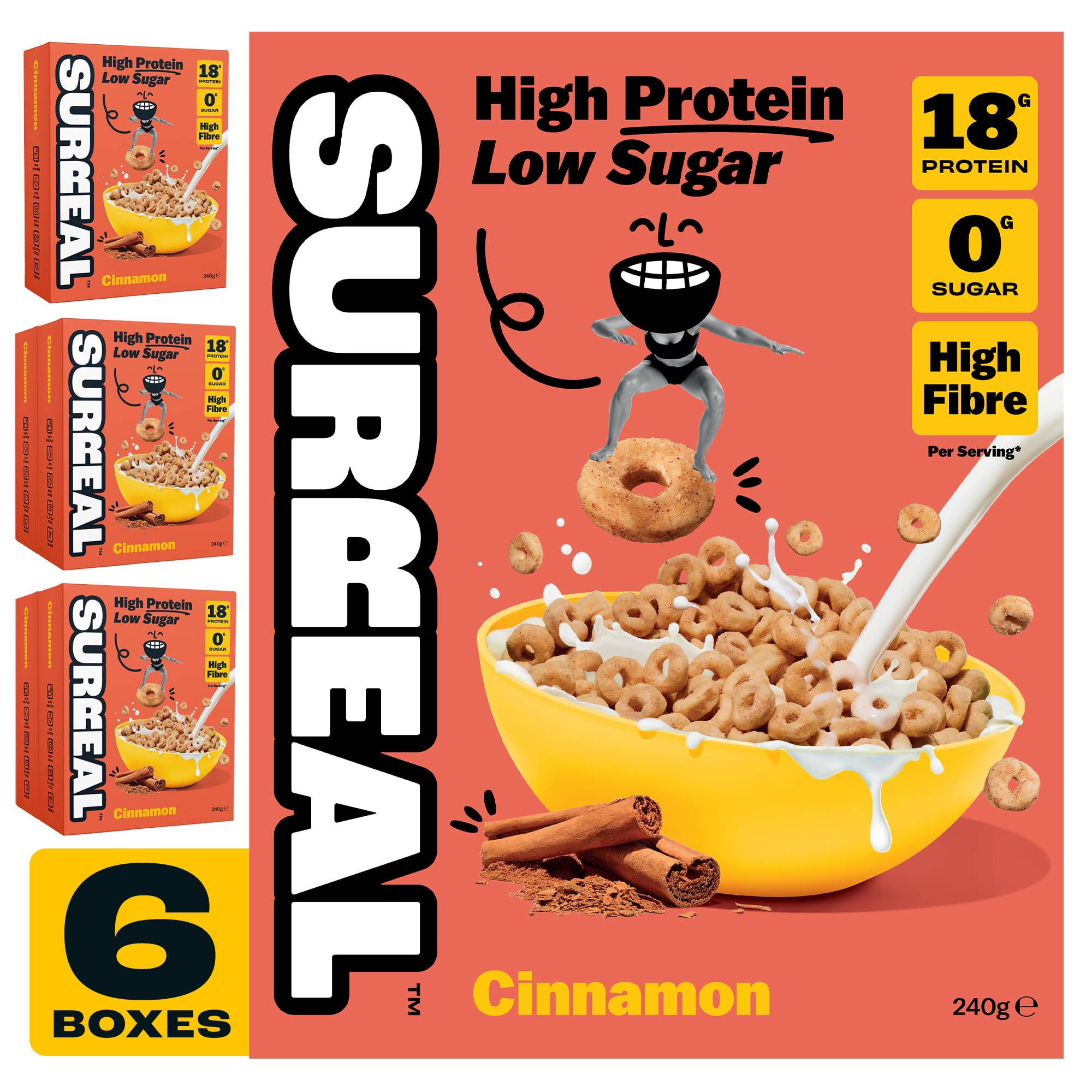 Cinnamon - High Protein Keto Cereal 6 Pack - Zero Sugar- Healthy Plant Based Cereal - High in Fibre - Low Carb - Gluten Free - Vegan - 17g of Protein, 0g of Sugar - 240g per Box