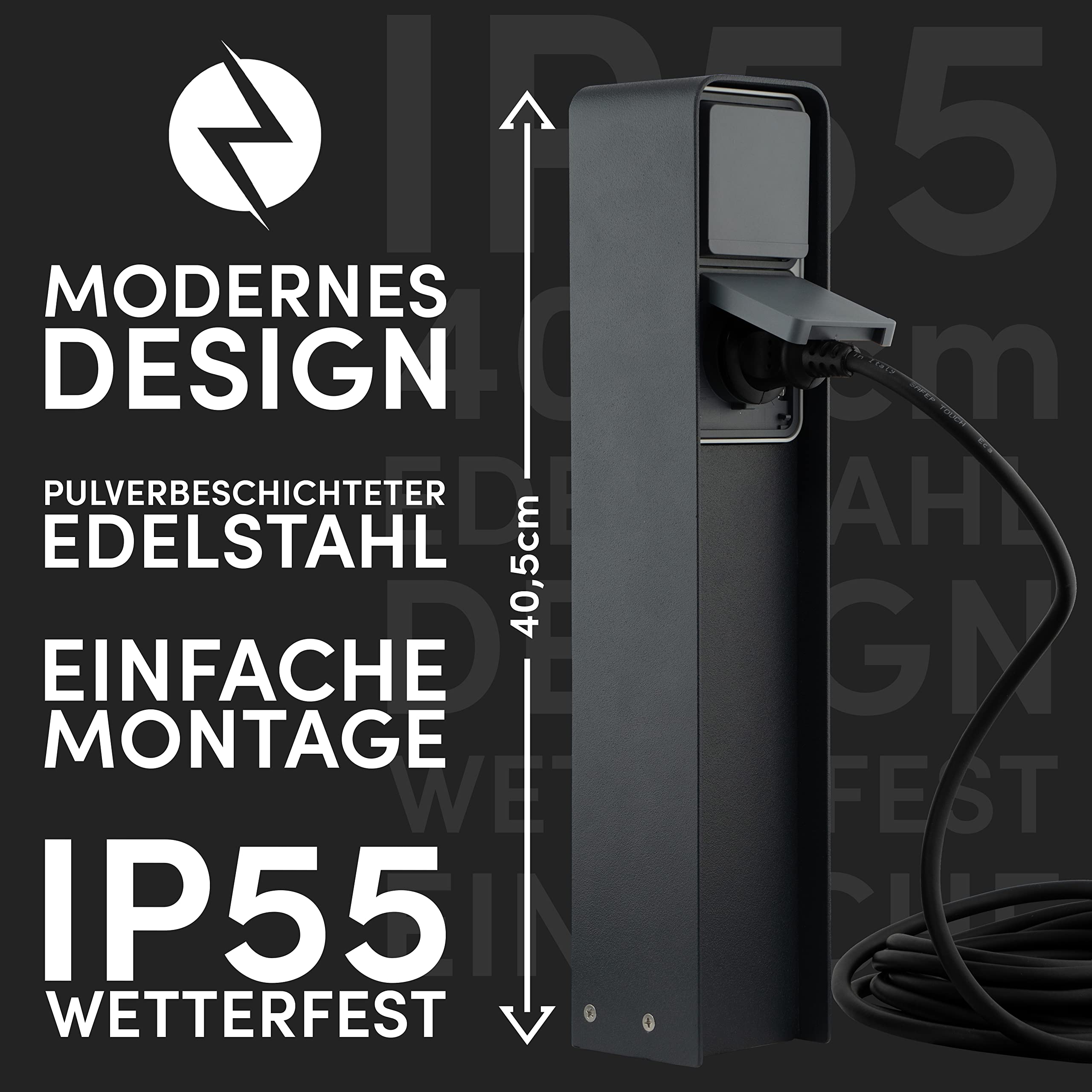 Steckdosensäule (Anthrazit) | Außensteckdose wetterfest IP55, Edelstahl, Modernes Design & Premium Qualität