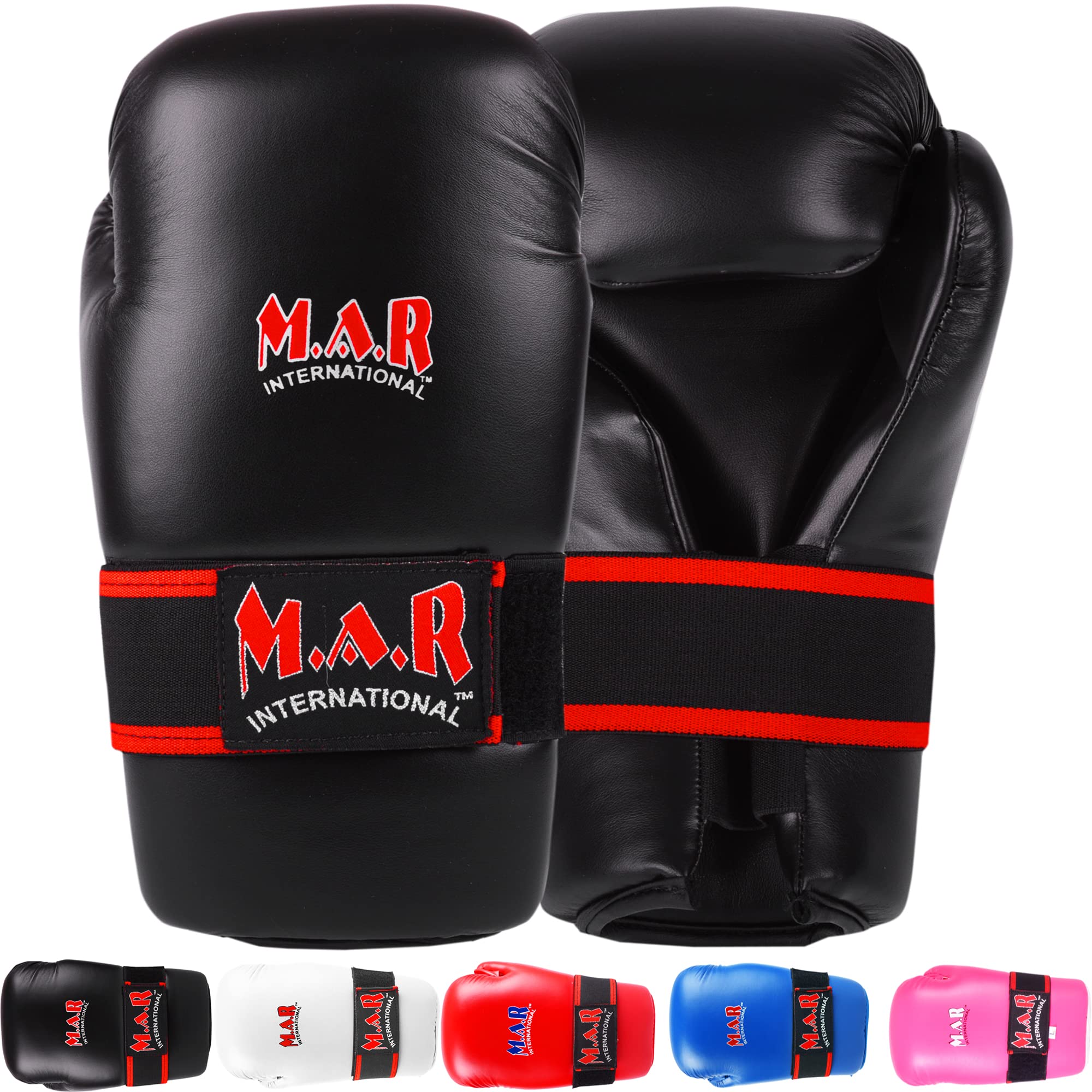 MAR | Black Karate Bag Gloves with Grip Bar, Semi-Contact Gloves Rex Leather Mitts, Elasticated Finger Protection for Kickboxing, Muay Thai, MMA, & Taekwondo - Unisex, Adults/Kids (Large)