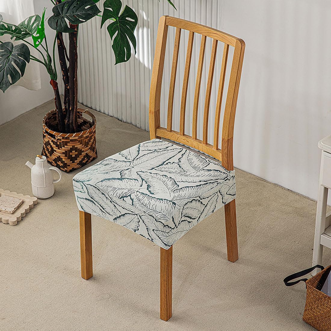 Waterproof Dining Chair Covers Dining Room Chair Seat Covers Set of 4 Stretch Seat Covers for Dining Room Chairs Jacquard Kitchen Chair Seat Protector Covers Green