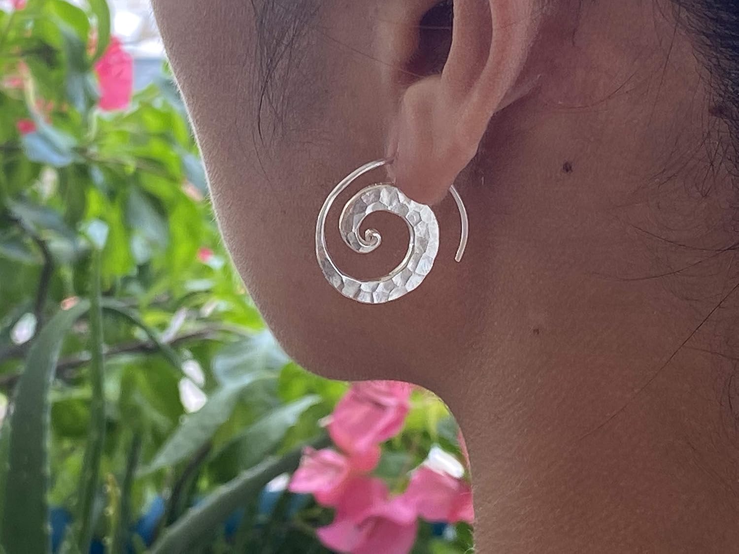 Sterling Silver Hammered 1 inch Spiral Hoops Earrings, Minimalist Handmade Hippie Boho Tribal Shiny Flat Swirl, Gift for Her
