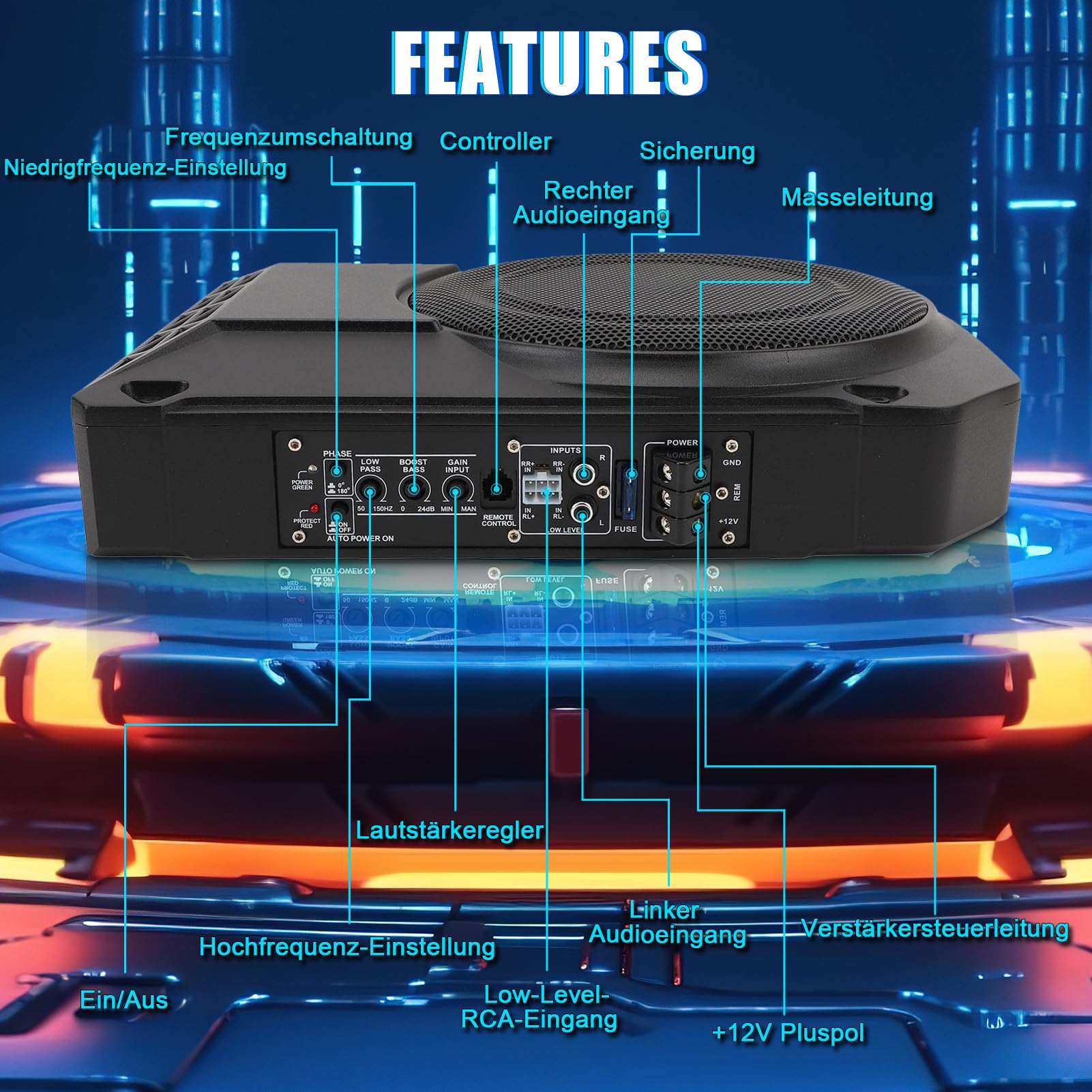 10 Zoll Aktiv Subwoofer Unter Sitz Car Audio Bassbox 800W 2.5 Ohm Ultra Flach Aktiver Auto Subwoofer Mit Verstärker Mit Controller Tiefton Lautsprecher Fahrzeug Sound System Car Truck SUV