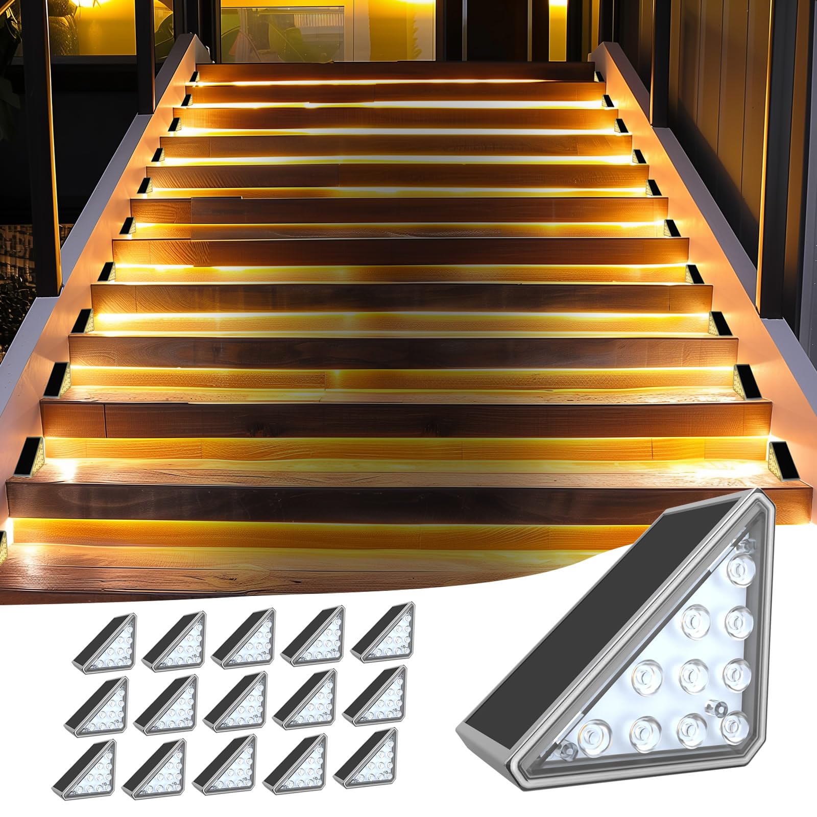 Tirejeen Solar Step and Stair Lights Outdoor Waterproof IP67, High Brightness Warm White Solar Powered Deck Lights for Porch, Front Steps, Stairs | 16