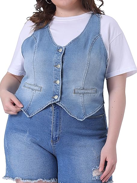 Women's Plus Size Denim Sleeveless Jacket Button Up Vintage