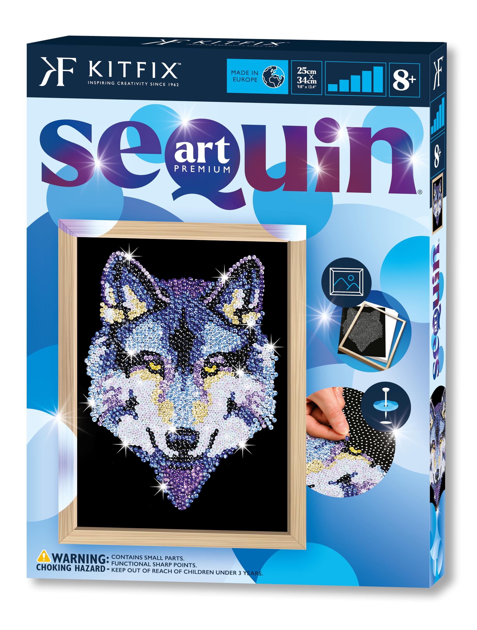 Kitfix, Sequin Art Wolf with Wooden Frame, 27 x 36cm, Sequin Art Blue Premium, Creative Set