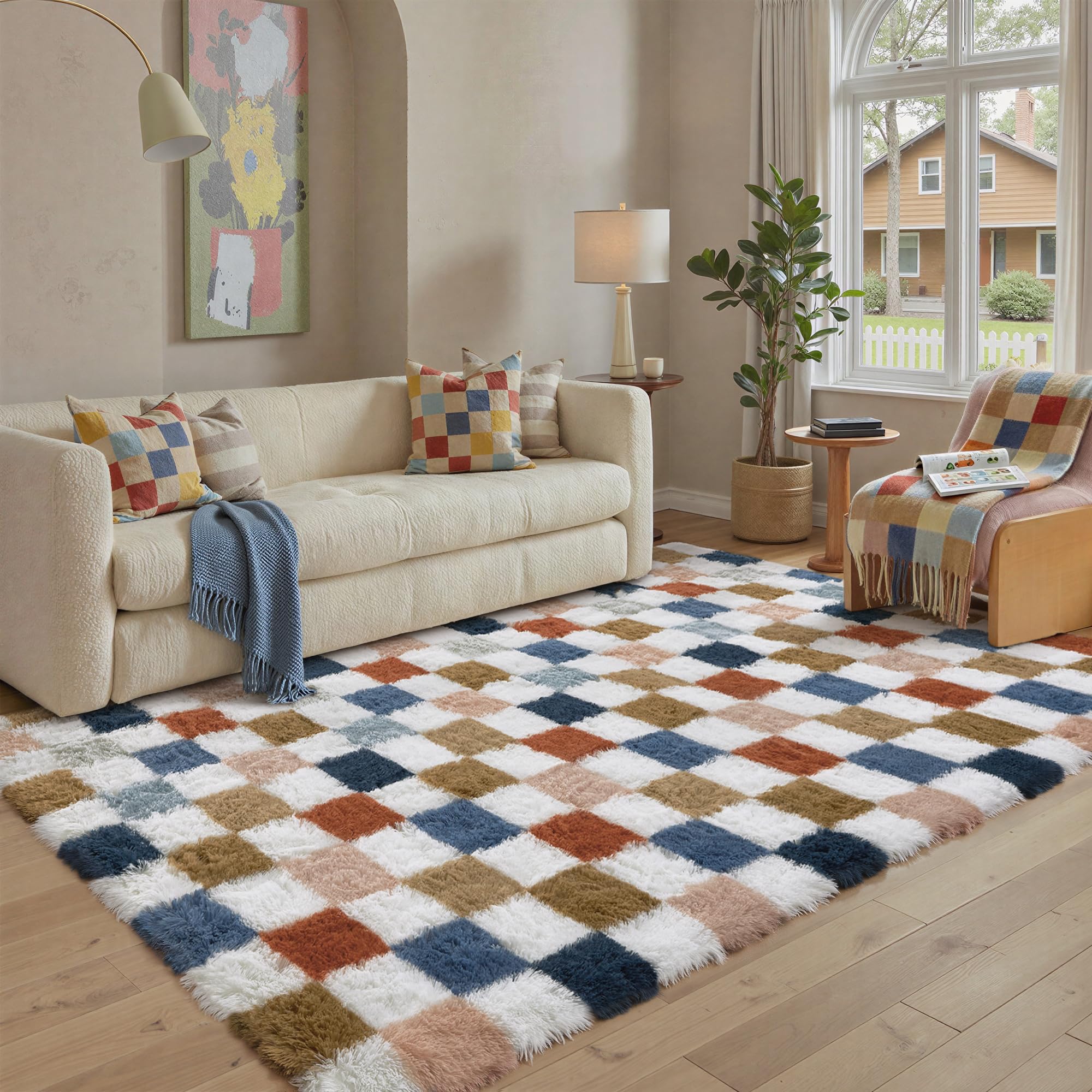 PureCozy Checkered Rug 5x8 for Living Room, Modern Rainbow Shag Rug Super Soft Washable Indoor Fuzzy Carpet Non-Slip Fluffy Rugs for Bedroom Home