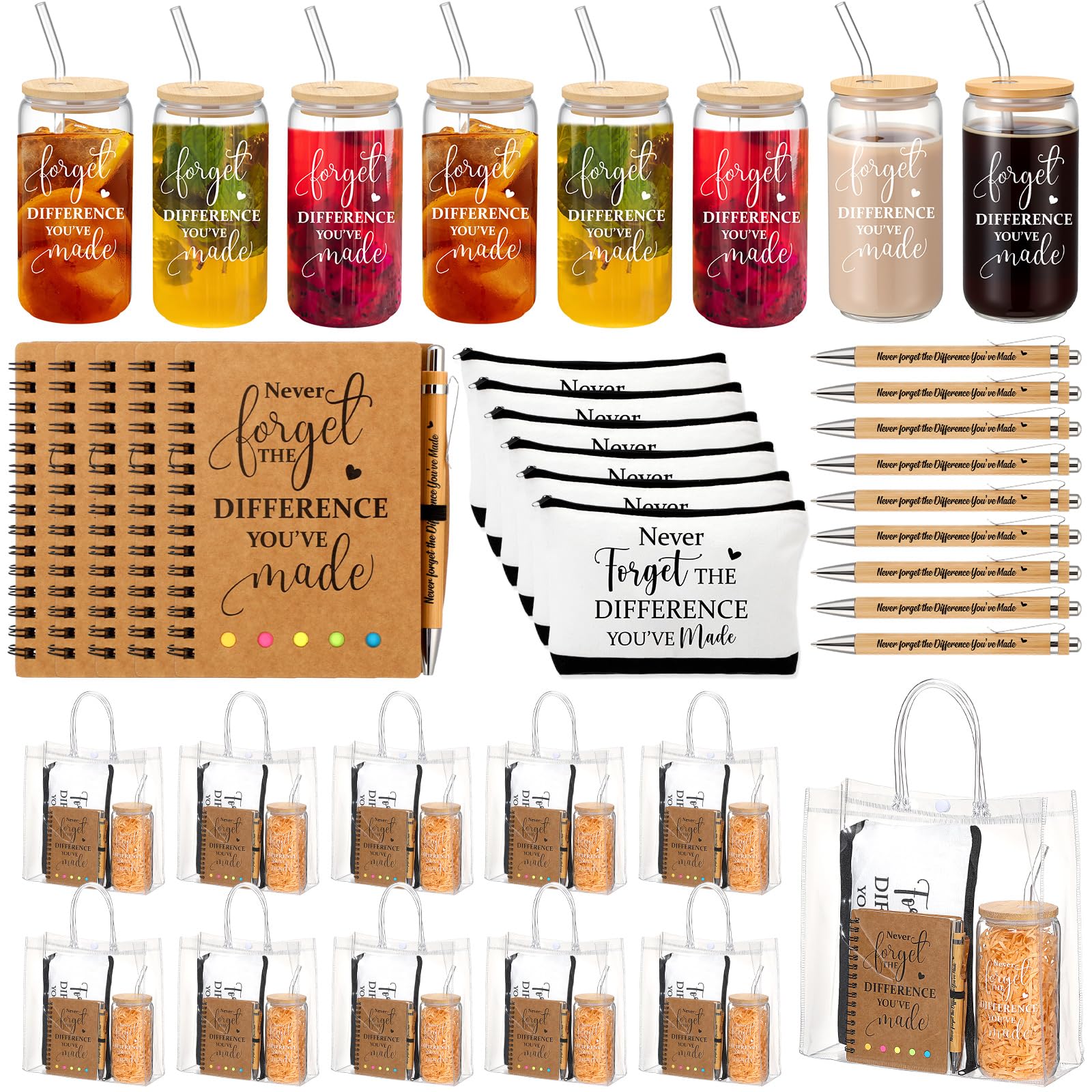 60 Pcs Employee Appreciation Gifts Bulk Never Forget Notebook Gift Bag Glass Cup Makeup Bag Bamboo Pen for Graduation Teacher Father Day Office Staff