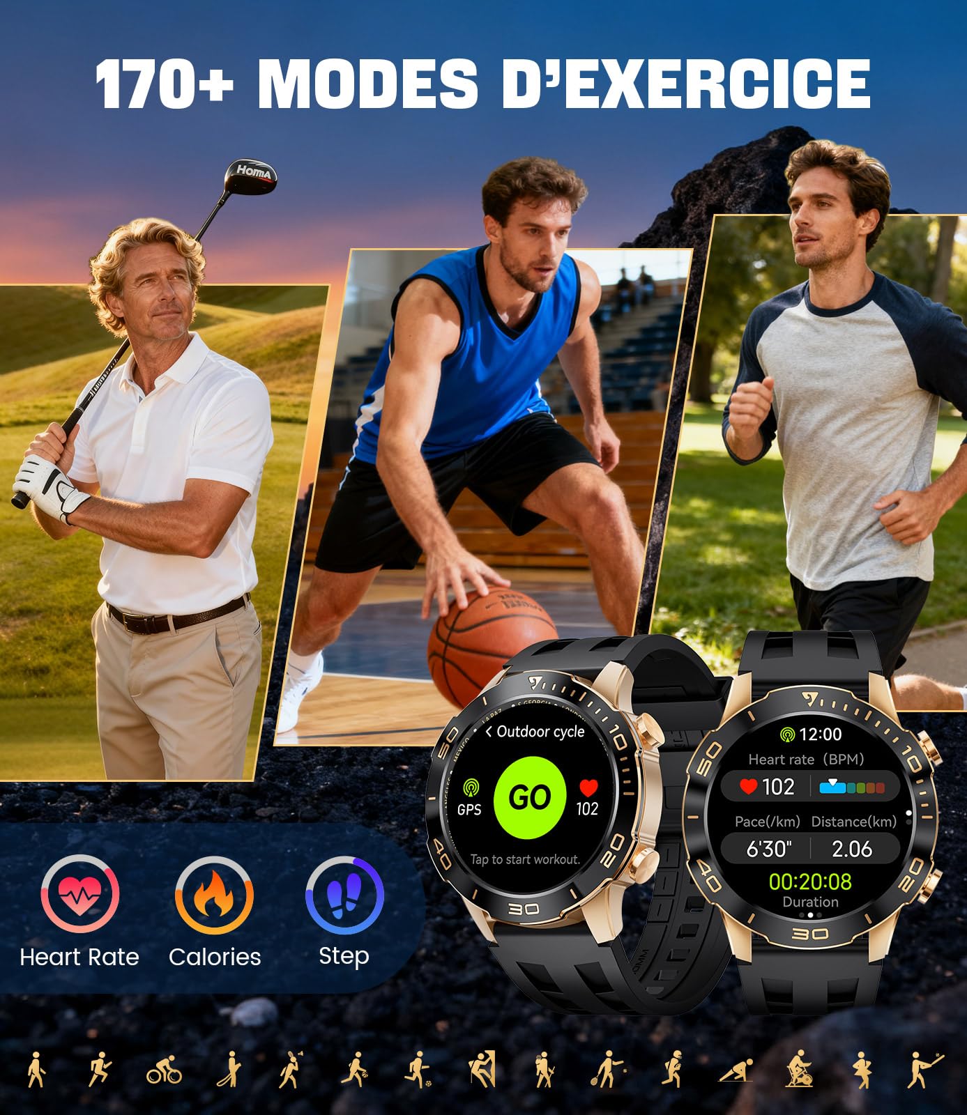 Montre Connectée Homme, Sports/D'affaires, 1,43" AMOLED Écran Smartwatch Homme avec Appel Bluetooth, IP68 Étanche, 170+ Modes Sportifs/Fréquence Cardiaque/Sommeil Compatible Android iOS, NoirAmbre