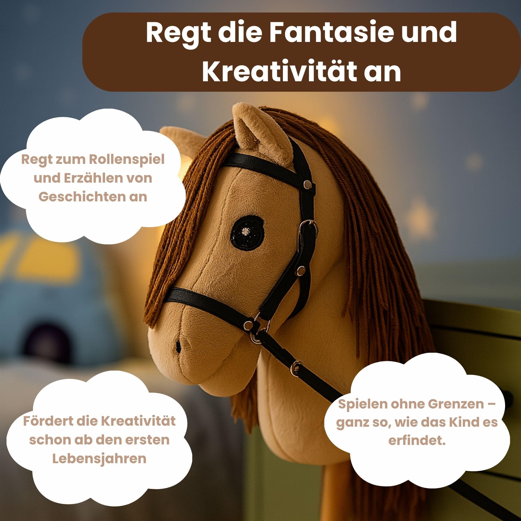 Start Hobby Horse Steckenpferd aus Plüsch mit Holzstock – Realistisches Stockpferd mit Langer Mähne zum Frisieren – Weiches Spielpferd für Kinder Hobby Horsing & Rollenspiele (Bonnie (Beige))