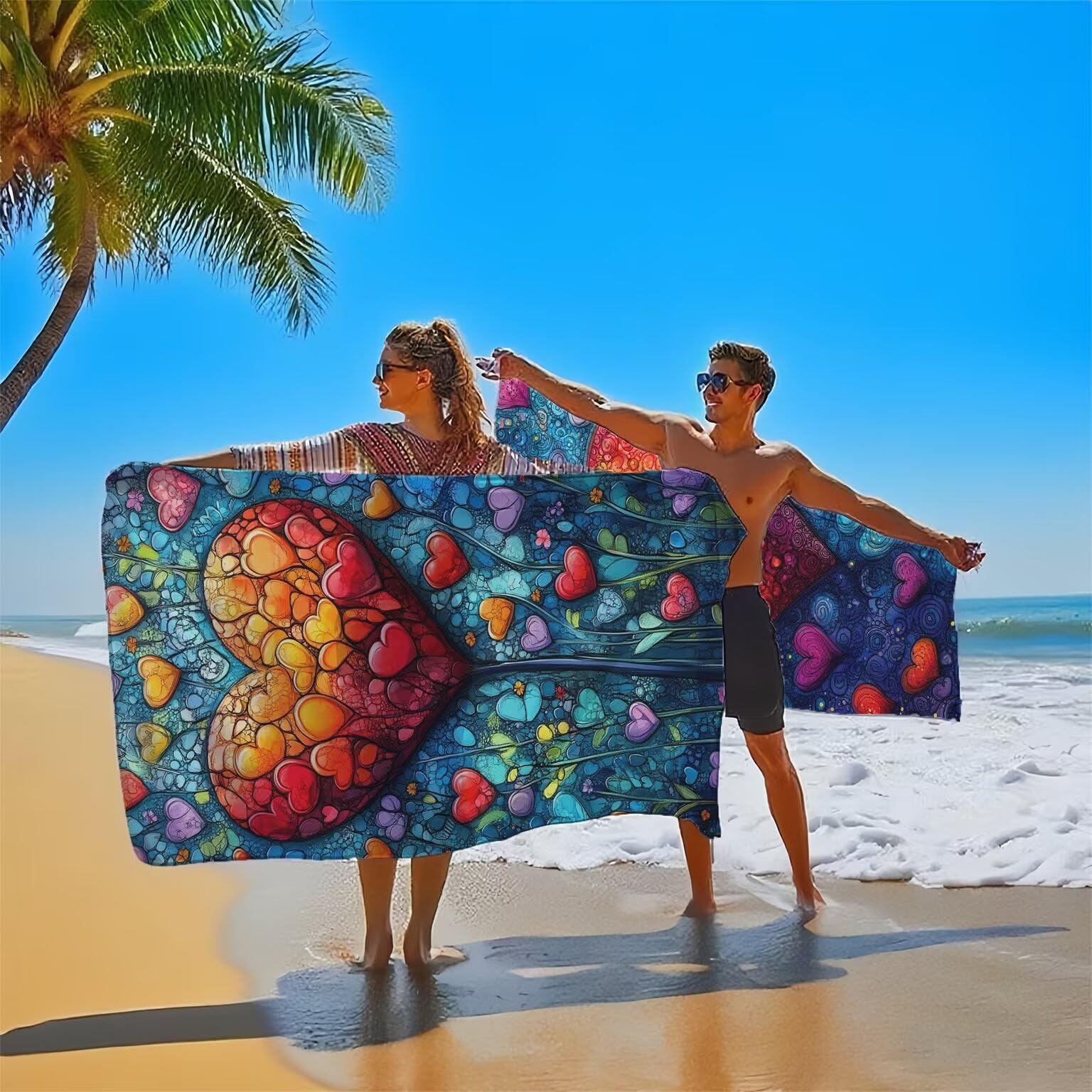 Couleur Serviette de Plage 100x200cm Lot de 2, Amour Serviette Microfibre Ultra Absorbantes Séchage Rapide Anti Sable Léger Transport Compacte Drap de Plage pour Piscine Voyages Femme et Homme, Model6