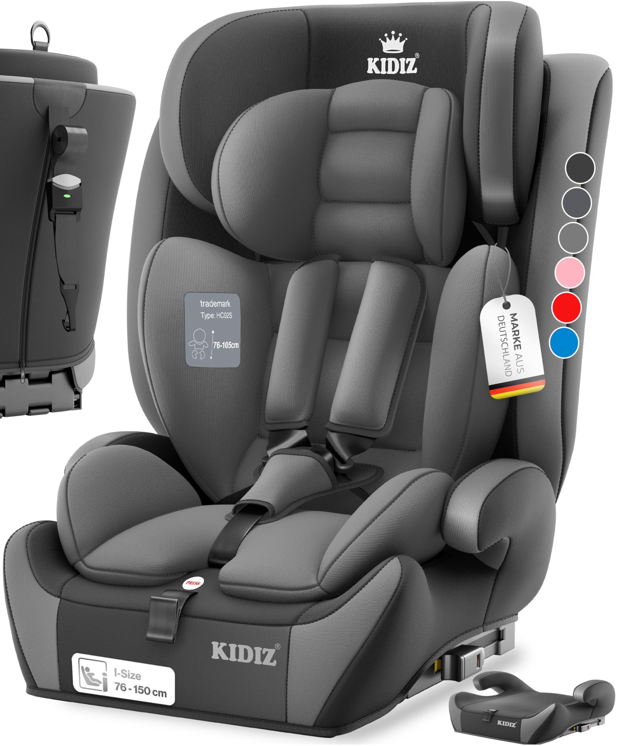 KIDIZ® Autokindersitz mit Isofix i-Size R129 100-150cm bis 12 Jahre, Kinderautositz Gruppe 1/2/3, mitwachsender Kindersitz, 5-Punkt-Gurt & höhenverstellbare Kopfstütze, Sitzerhöhung Auto, Grau