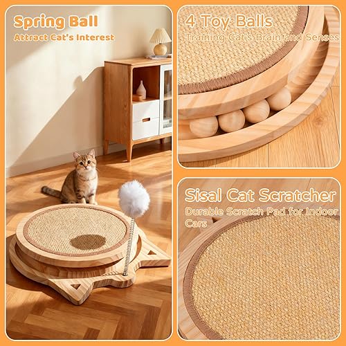 Miniatura 3 de Rascador de sisal para gatos con pista de bolas y resorte de juguete 3 en 1 interactivo de madera para gatos y gatitos de interior
