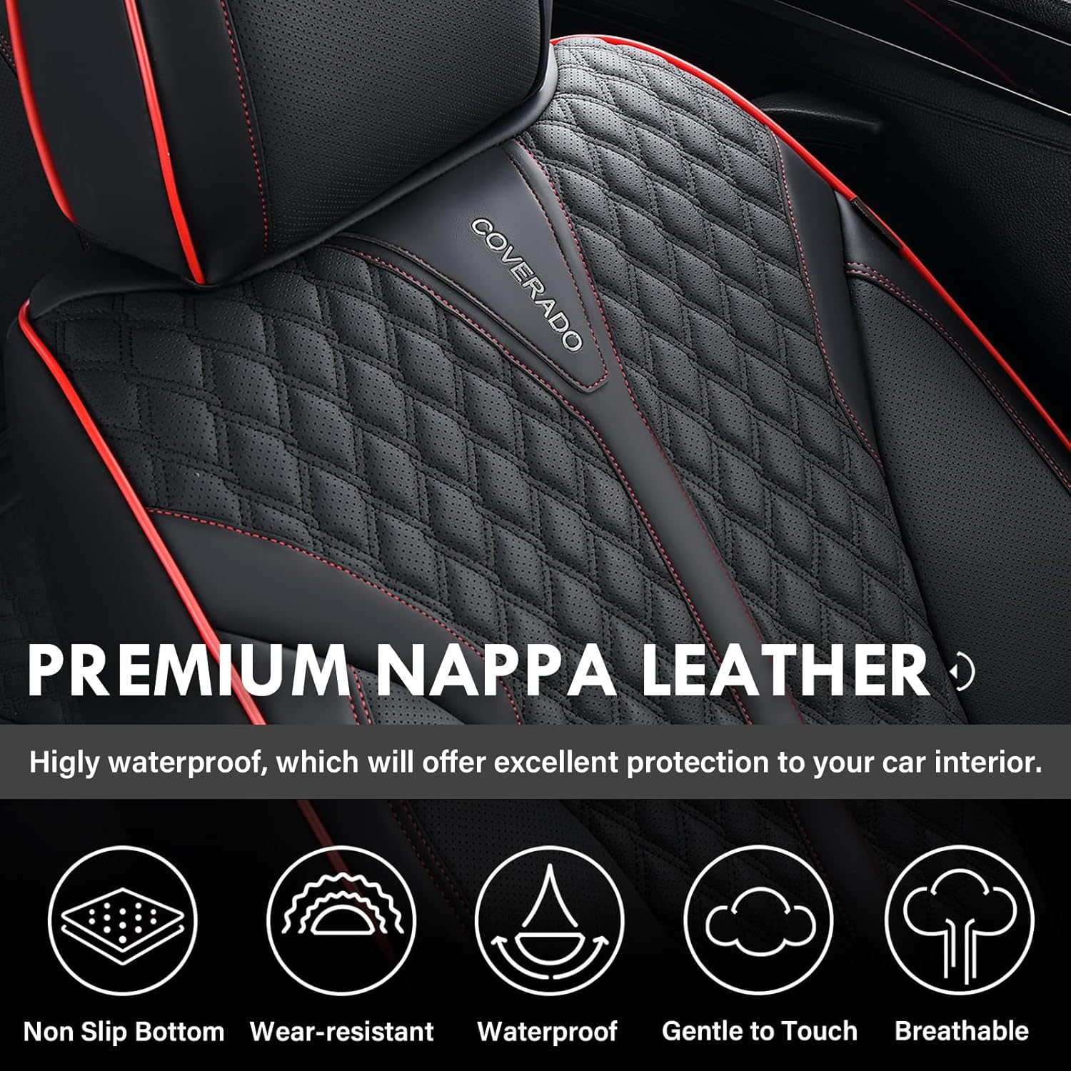 Coverado Car Seat Covers Full Set, Nappa Leather Seat Covers for Cars, Waterproof Front Seat Covers and Back Seat Covers, Car Seat Protector, Car Seat Cover Universal Fit for Most Cars, Black&Red