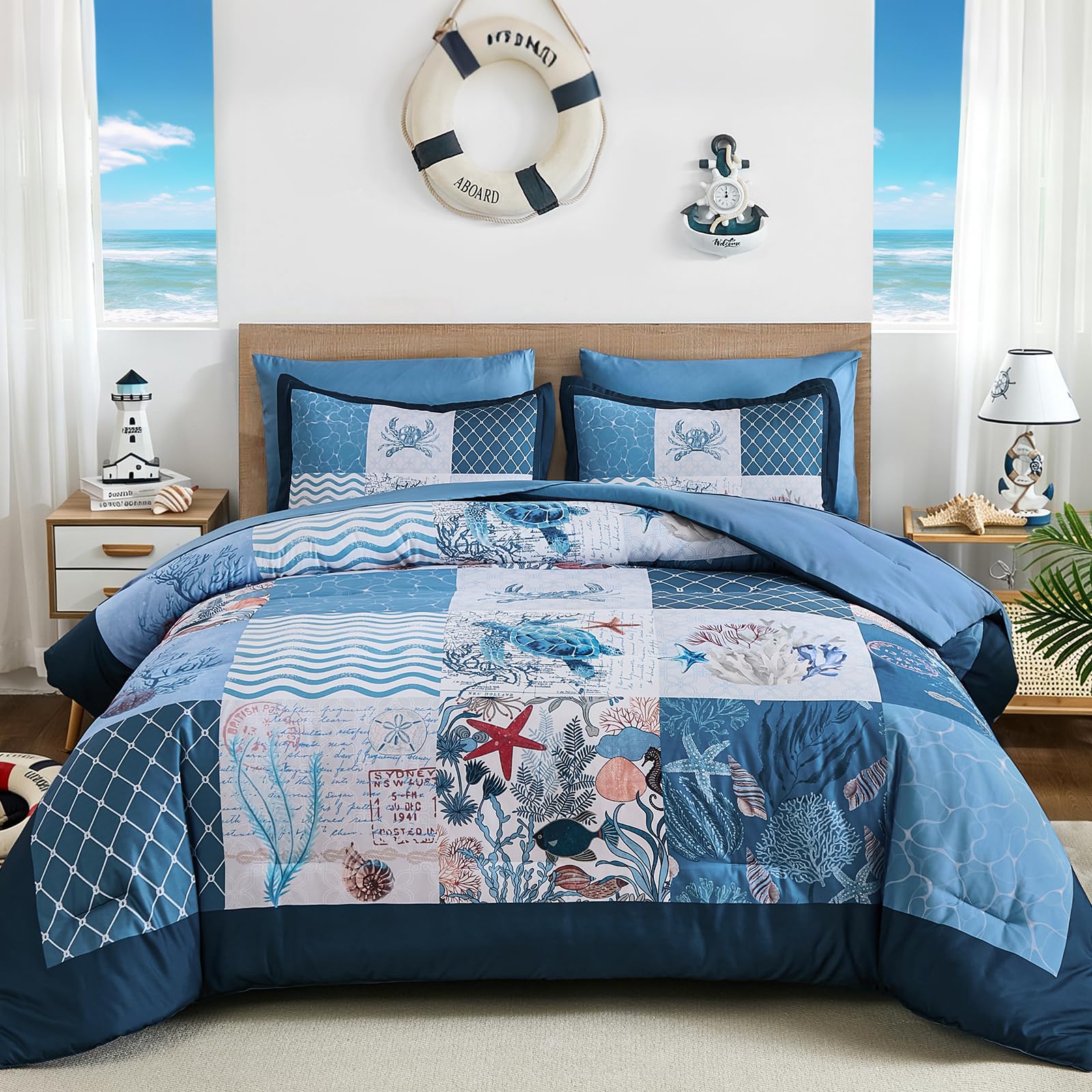 Comforter Set Queen Size Coastal, Navy Blue Beach Themed Bedding 7 Pieces