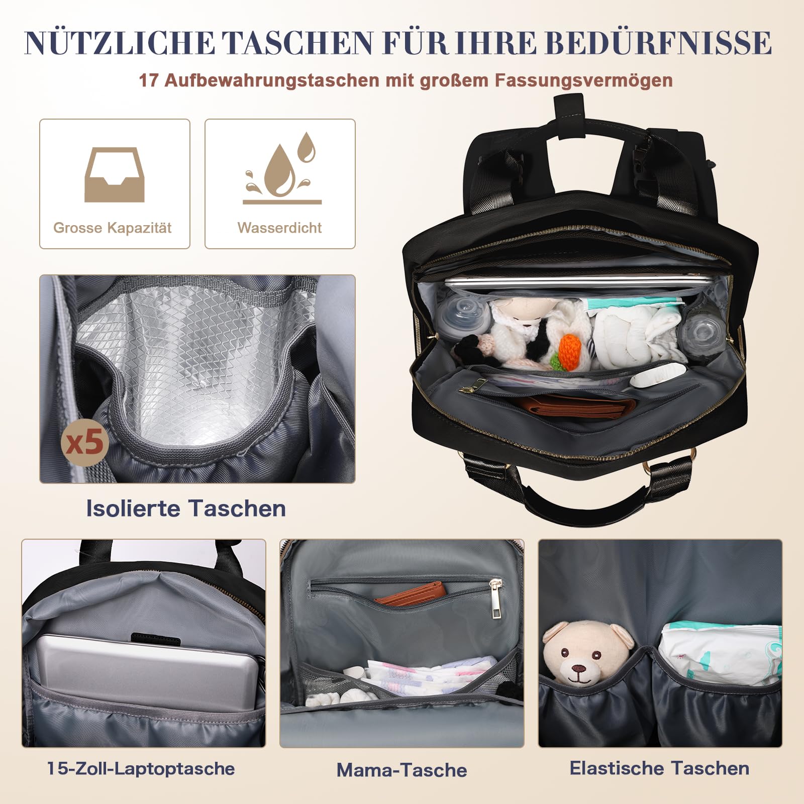 MISS FONG Wickelrucksack Wickeltasche Rucksack,Groß Babytasche Multifunktion Mama Rucksack Baby tasche mit 17 Wickeltasche Organizer, Wickelunterlage, Kinderwagen Haken für Mommy,Schwarz