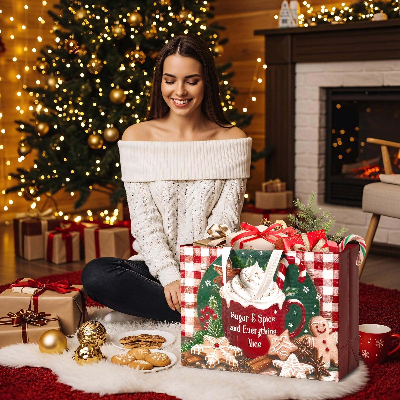 STYPOP Lot de 12 sacs cadeaux de Noël extra larges de 43,2 cm, sacs fourre-tout réutilisables en non-tissé avec poignées, parfaits pour l'emballage cadeau de Noël/fournitures de fête, 42,9 x 32 x 17,3