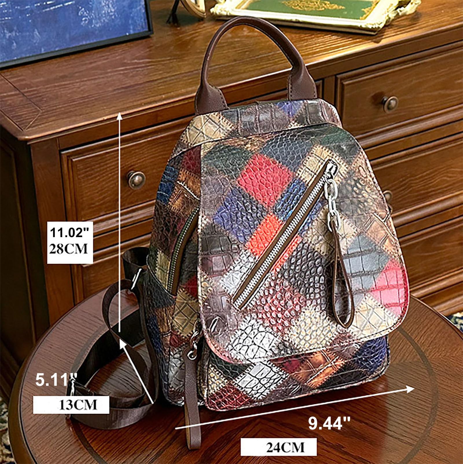 Craoopii Fashion Women's Leather Backpack, Multi Color Patterned Diamond Checkered Bag, PU Leather Smooth Zipper Closure Double Shoulder Bag for Office,Travelling,Shopping