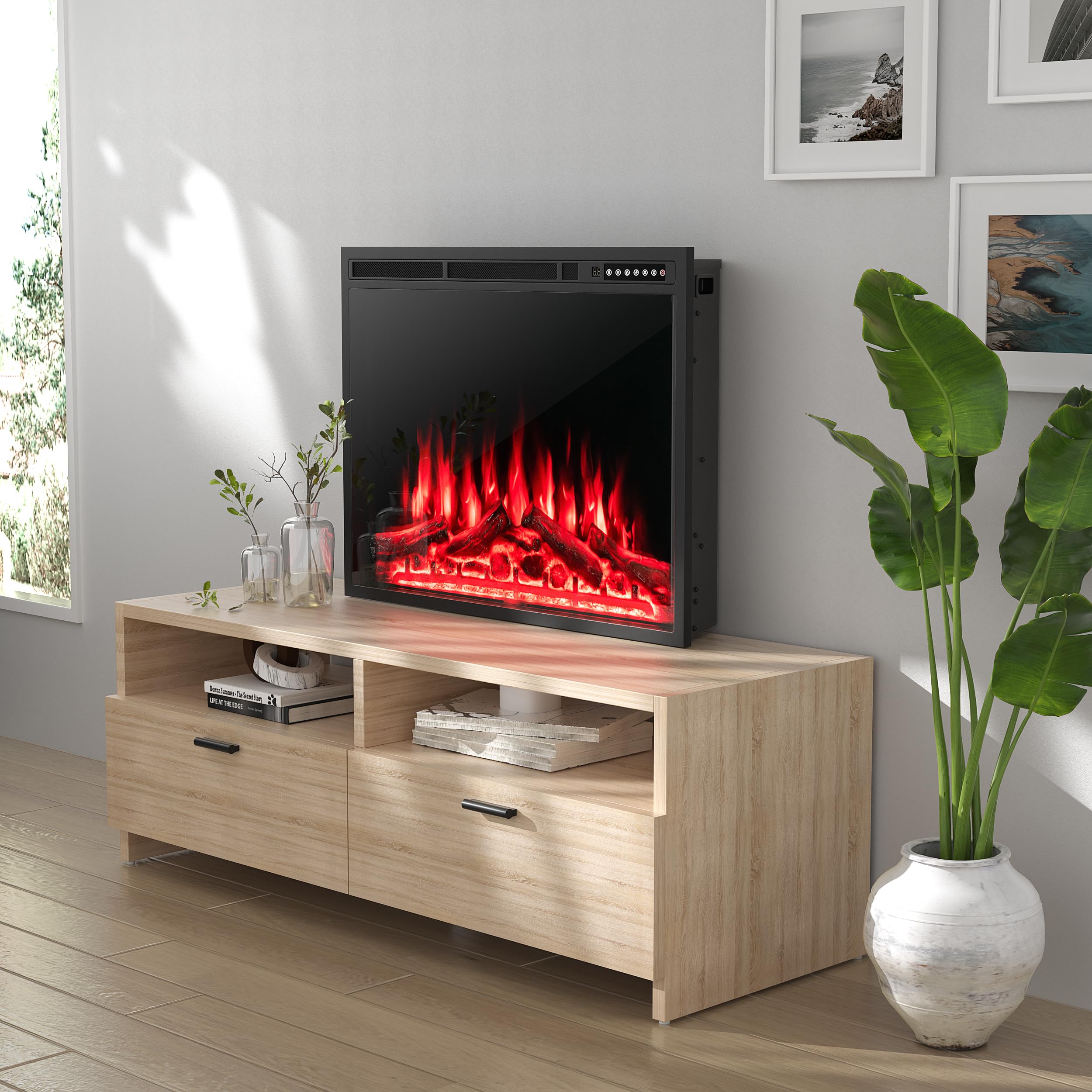 ORALNER Electric Fireplace Insert, 34 Inch Recessed Freestanding Fireplace Heater with Remote & 8H Timer, 4 Colors, 5-Level Brightness, Overheat Protection, for TV Stand, 750W/1500W, Black (34 INCHES)