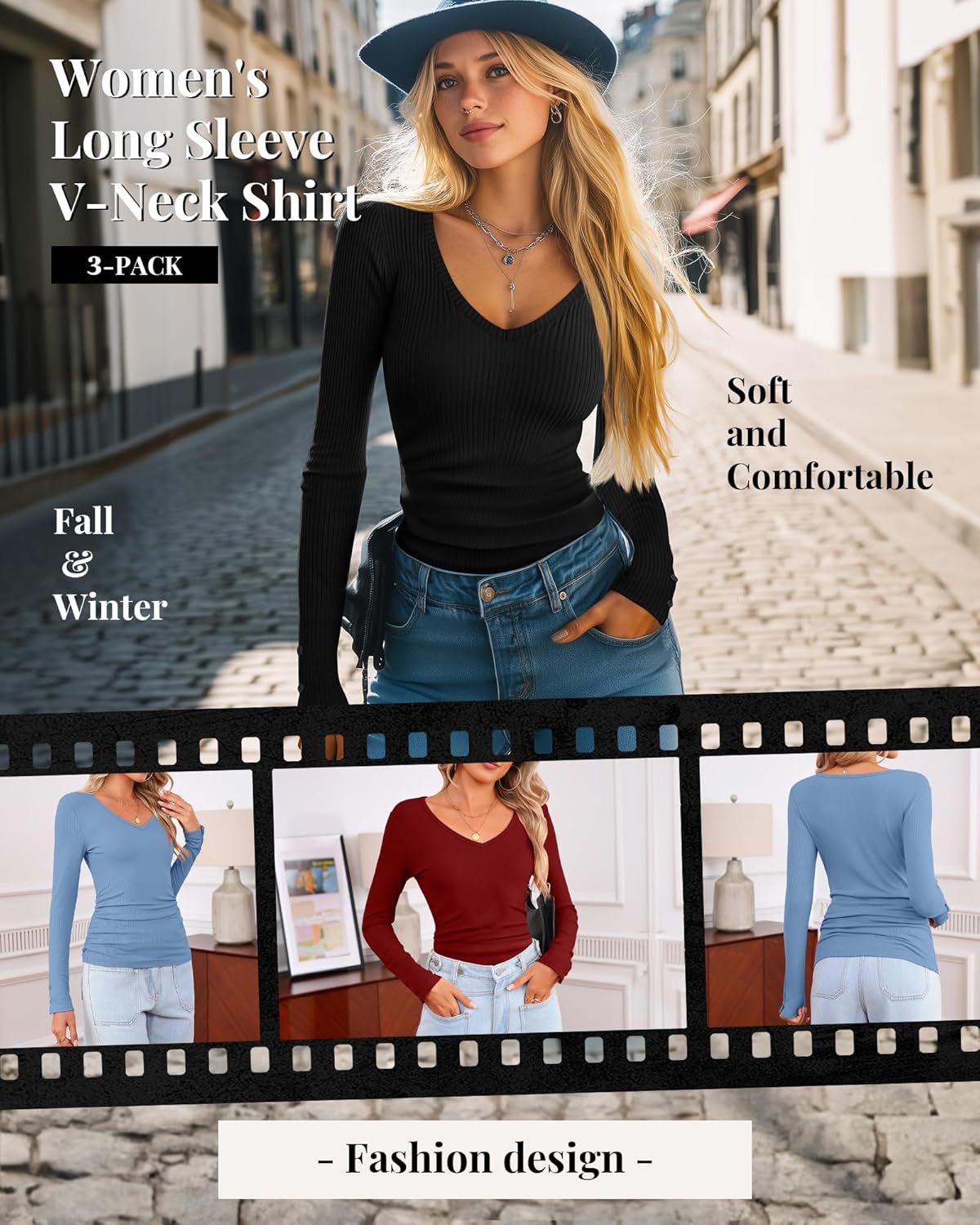 3 Pack Women's Long Sleeve Tops V Neck Ribbed Knit Slim Fit Shirts Fall Basic Casual Stretch Layering Tee - Image 5