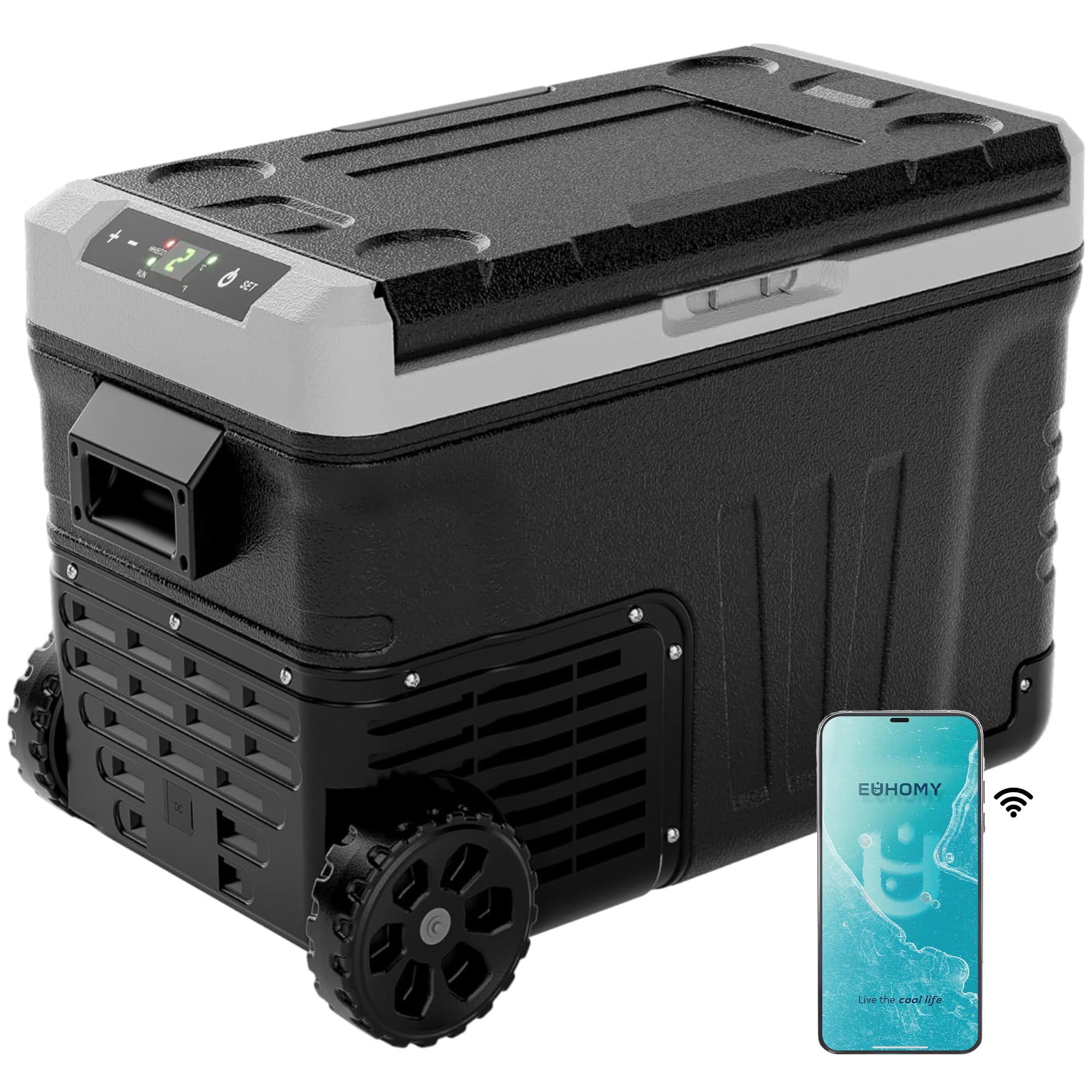 EUHOMY Refrigerador de 12 voltios, enfriador eléctrico de 37 cuartos de galón, congelador portátil de 12 V/24 V CC 100-240 V CA, refrigerador de 12 V --15.6 °C ~ 20.0 °C, enfriador de 12 V con ruedas