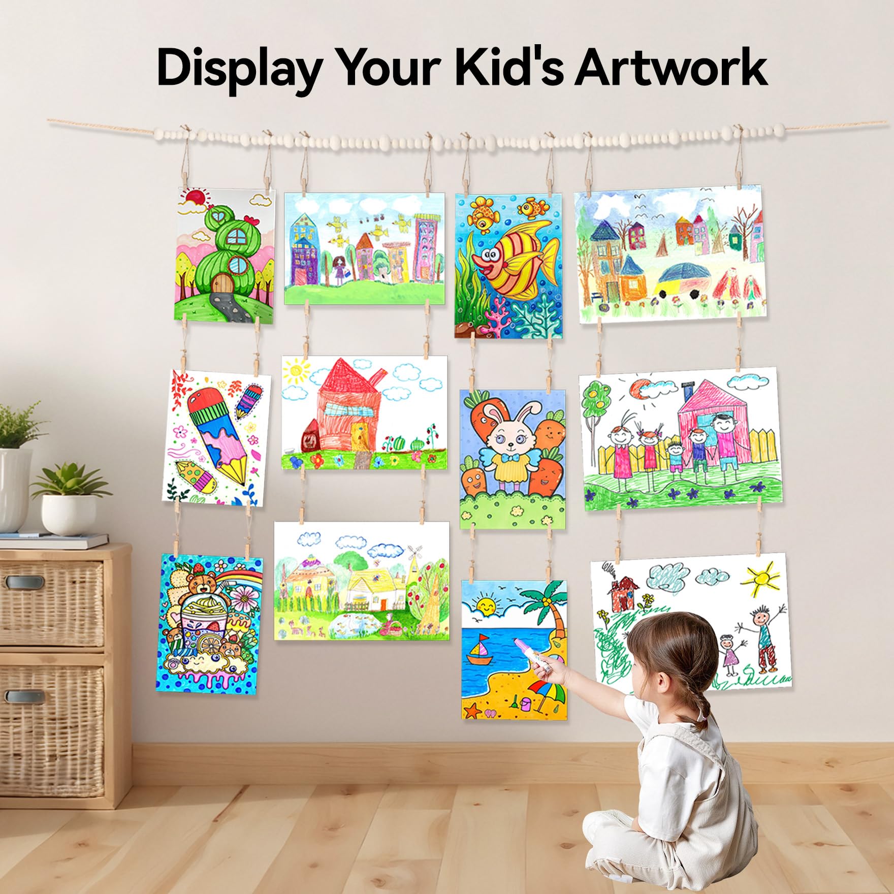 Klmnop Art Display for Kids Artwork, 4.6ft Wooden Beads Frame Holder with 38 Clips, Boho Wall Hanging Kids Art Display for Bedroom Classroom Playroom Decor(Beige)