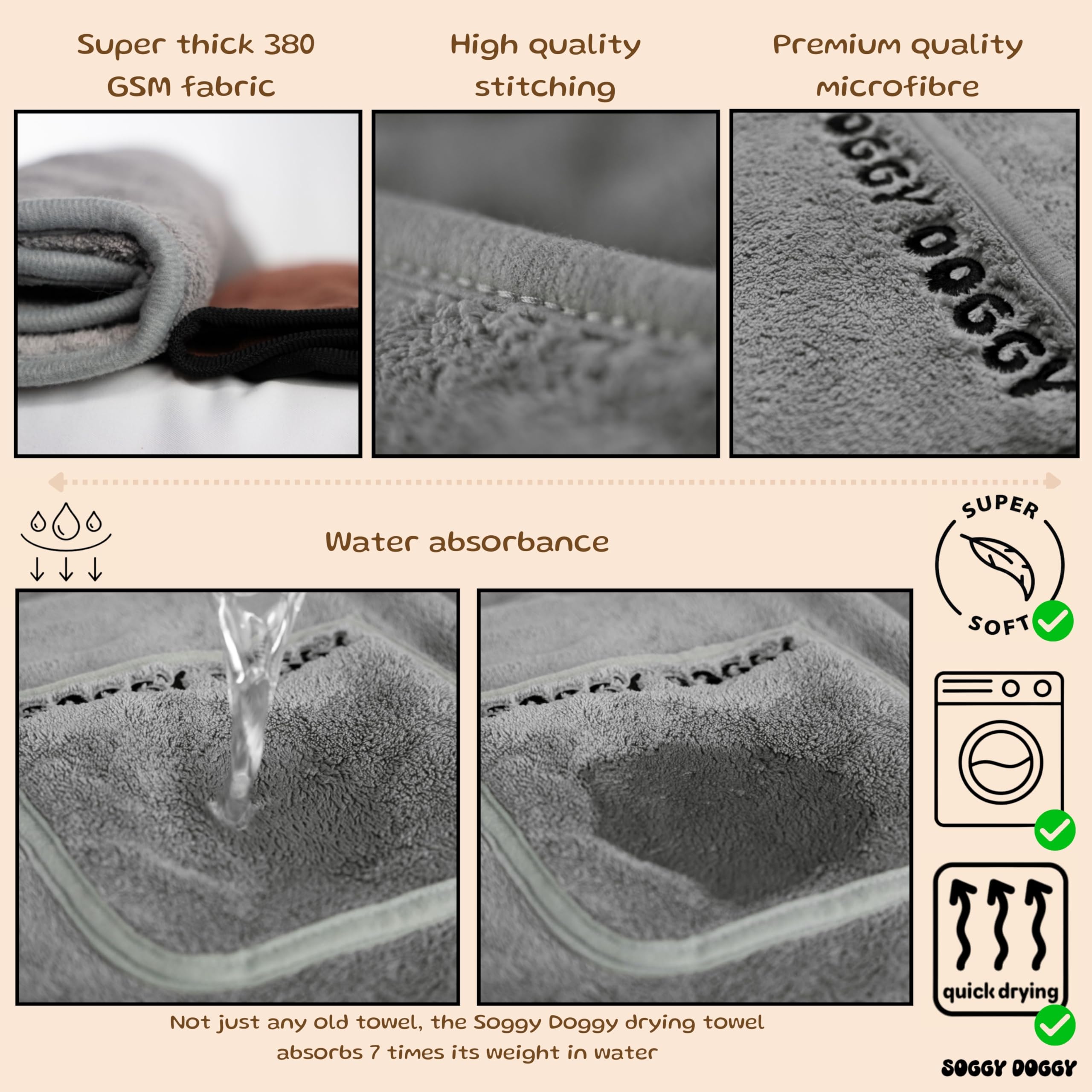 SOGGYDOGGY: Lot de 2 grandes serviettes de luxe super absorbantes pour chien - Séchage rapide en quelques minutes, plus épaisses que la plupart des autres - Pour le bain, le toilettage, les voyages