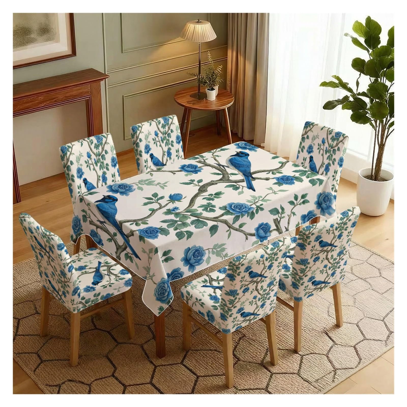 Housses de chaise extensibles motif oiseau vintage et nappe bleue assortie rétro