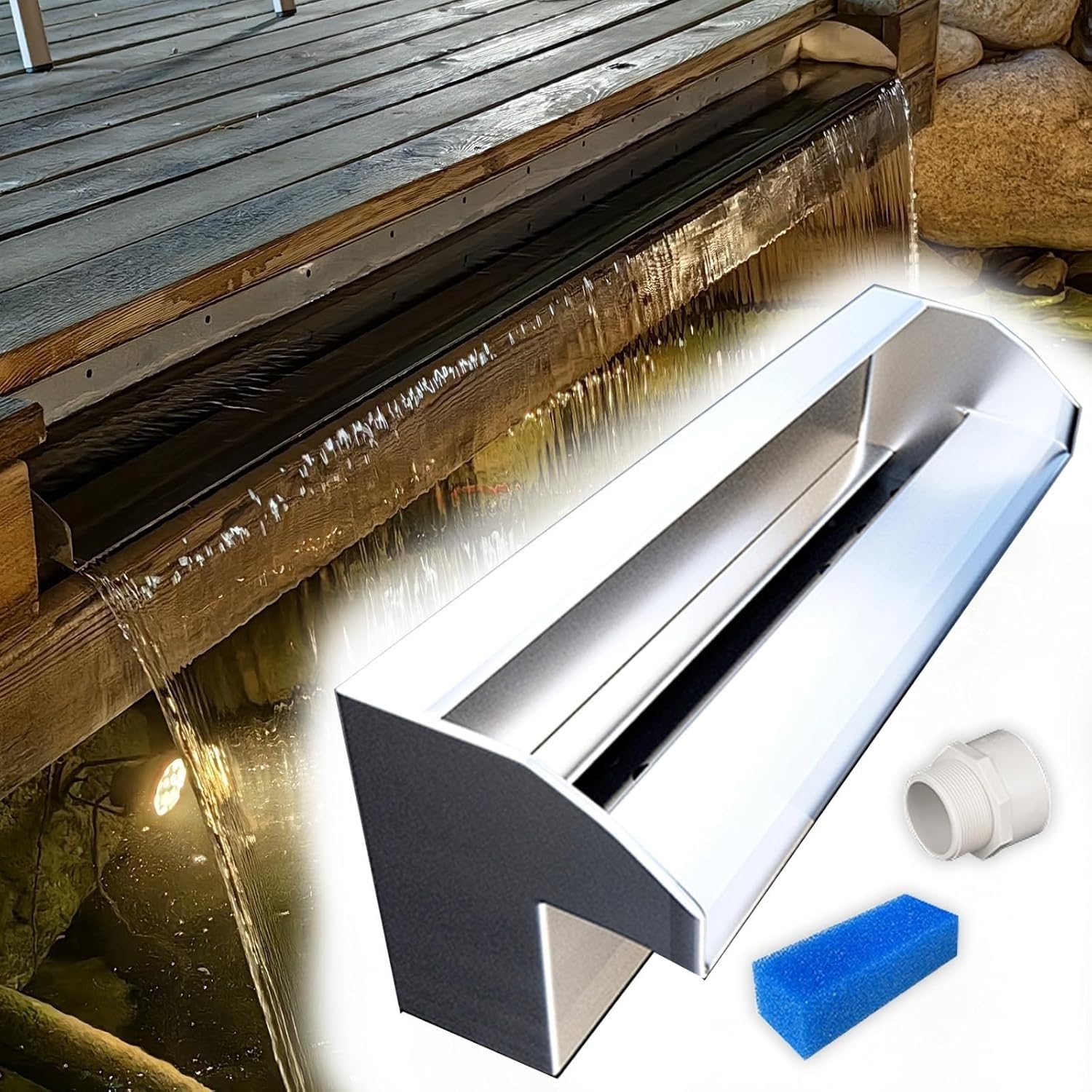 Kit fontana a cascata in acciaio inox – 170 cm L, completo di filtro in cotone e accessori per laghetto da giardino, montaggio integrato, fontana esterna