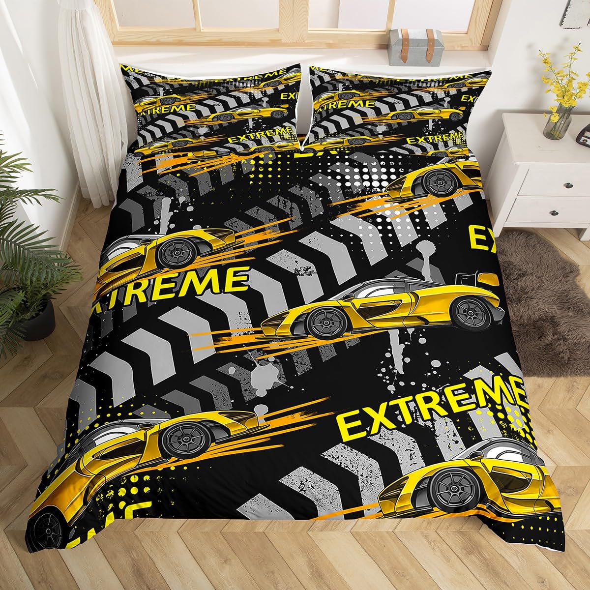 Homemissing Speed Sports Car Duvet Cover Set Double Size For Kids Boys Teens Extreme Sports Bedding Set Race Car Comforter Cover with 2 Pillowcases Yellow Racing Car Bed Sets,Zipper Closure — image 1