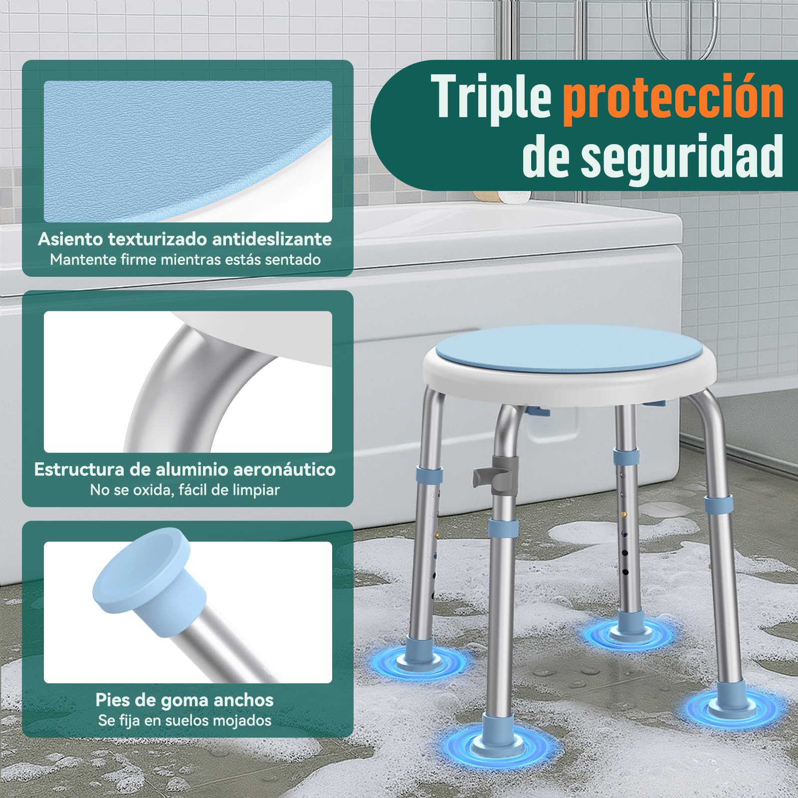 LC01 Silla de Ducha Giratoria 360° Regulable en Altura – Taburete de Ducha Antideslizante de Aluminio, Asiento de Baño Ligero para Mayores y Personas con Movilidad Reducida