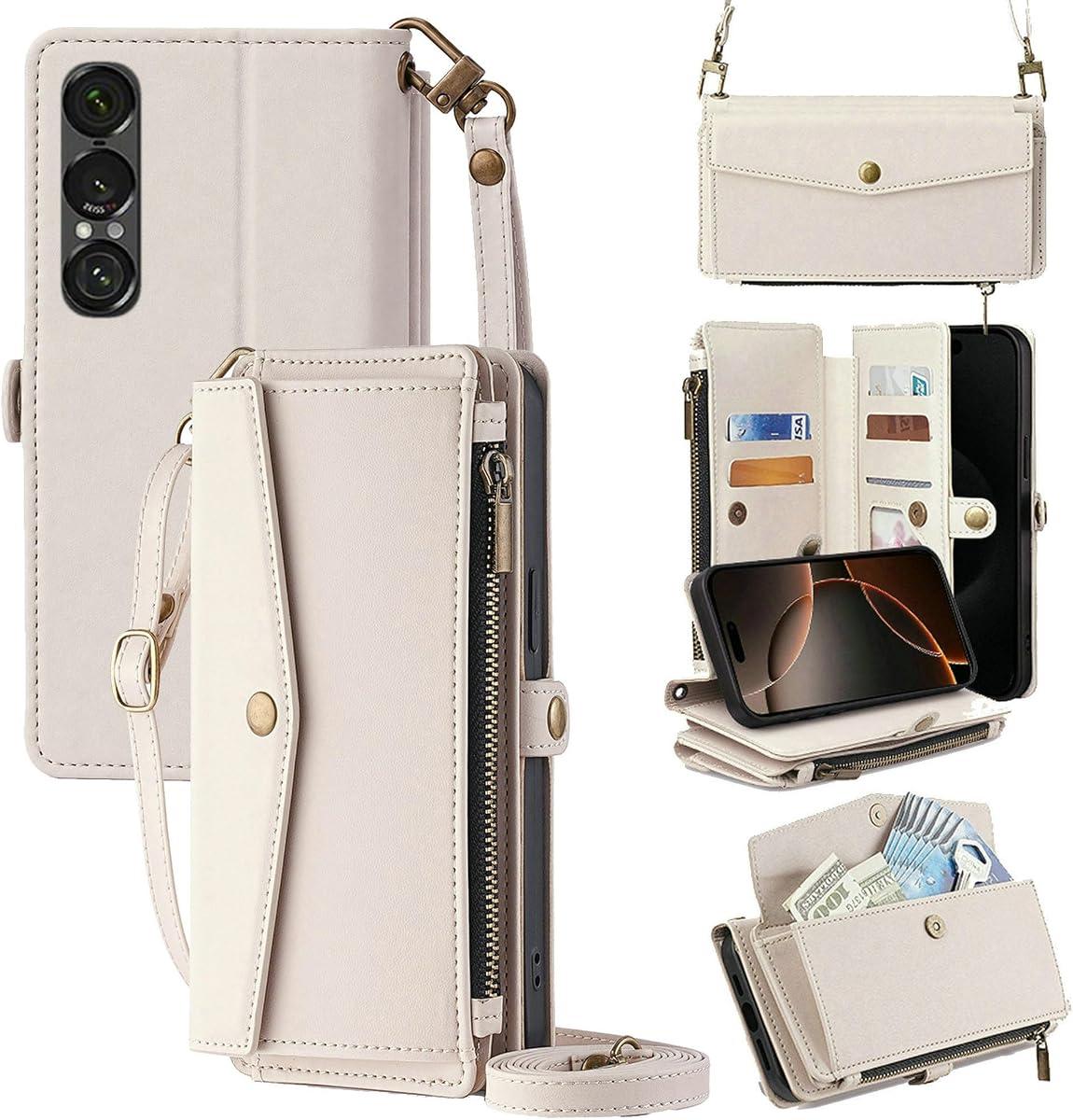 Compatible con Sony Xperia 1 VII Flip Folio Cover con bolsillo con cremallera, funda tipo cartera de cuero con múltiples tarjetas, bandolera, funda para teléfono a prueba de golpes - Blanco