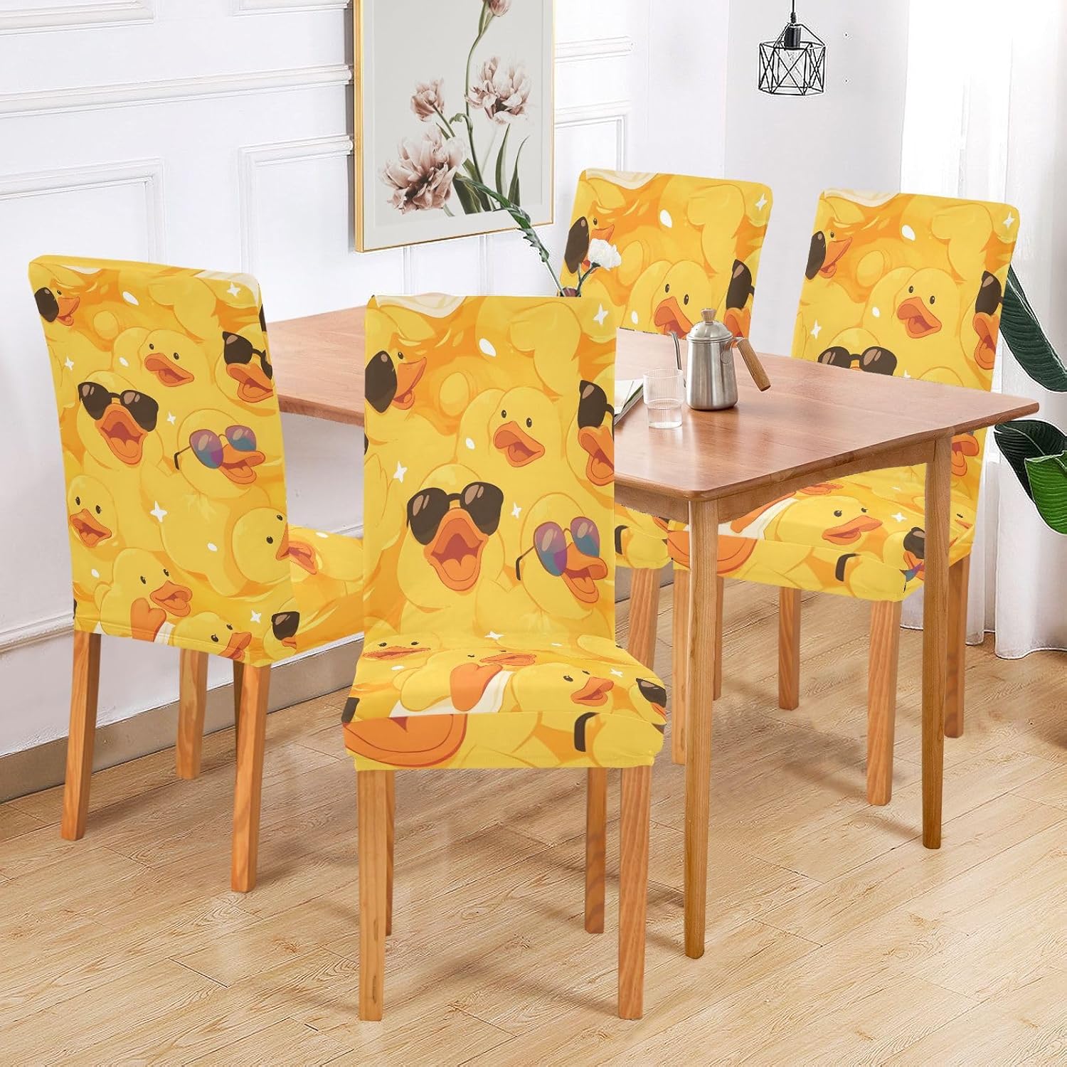 ALAZA Chair Covers for Dining Room, Happy Duck and Sunglasses Stretch Chair Cover Sets Chair Protector Removable Washable for Ktichen Restaurant Hotel