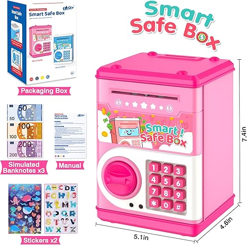 Miniatura 5 de PhilaeEC - Alcancía rosa para niños con bloqueo de código de contraseña y ranura para billetes de agarre automático, caja de ahorro de dinero real,