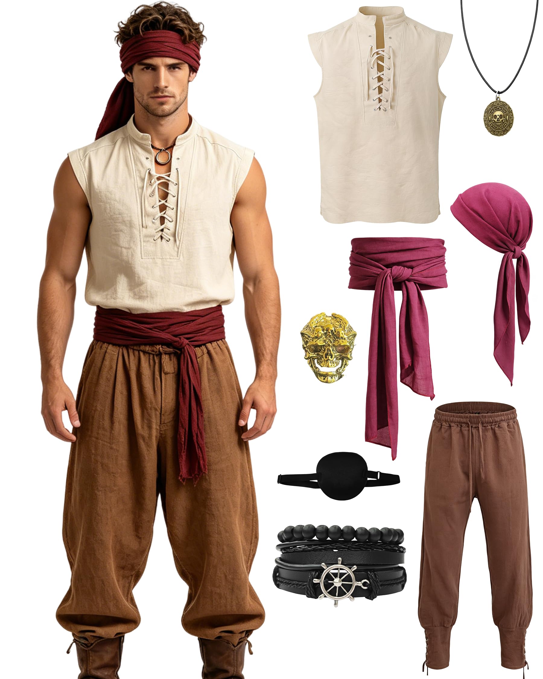 Verceco Mens Pirate Costume 8PCS Renaissance Sleeveless Shirt Ankle-Banded Pants Sash Belt & Accessories LARP Cosplay (Khaki+Brown, XL)