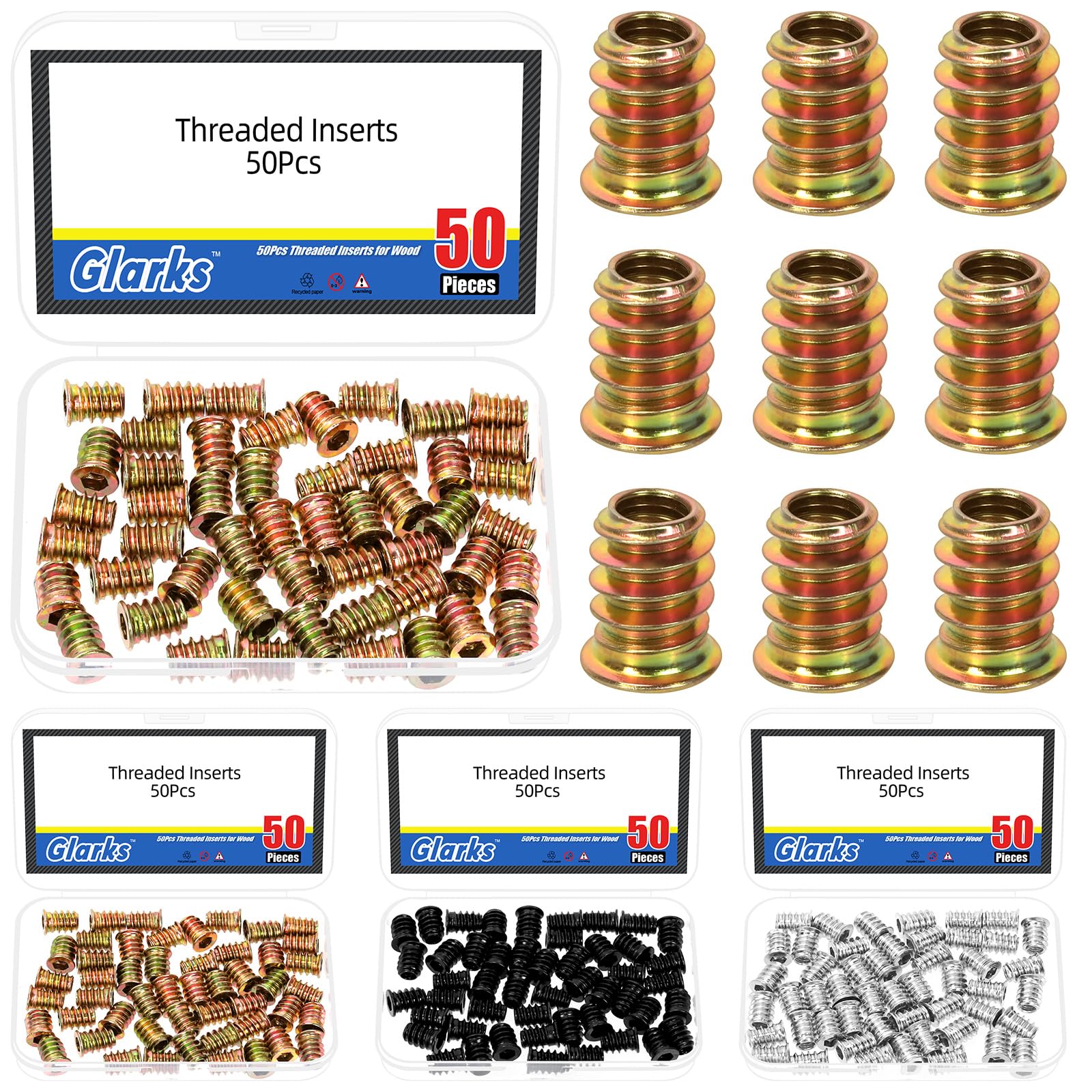 Glarks 50pcs Zinc Plated M6 x 15mm Threaded Inserts Nuts, Carbon Steel Hex Socket Drive Nut Inserts for Bed Frames, Boards, Wood Furniture Bolt Fastener