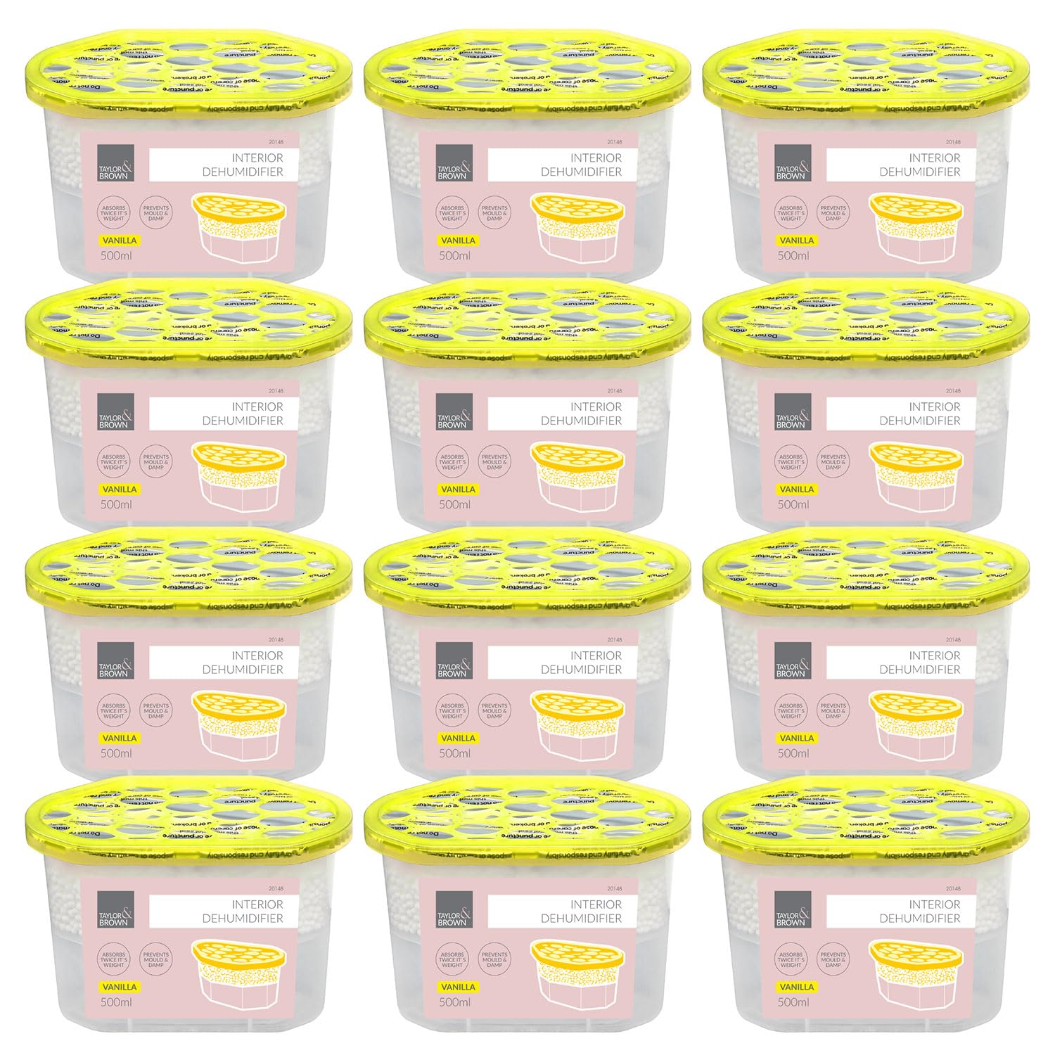 Taylor & Brown Pack of 12 Scented Interior Dehumidifier Condensation Remover Moisture Absorber Damp Mould in Home Kitchen Wardrobe Bedroom Caravan Office Garage Bathroom Basement 500ml (Vanilla)