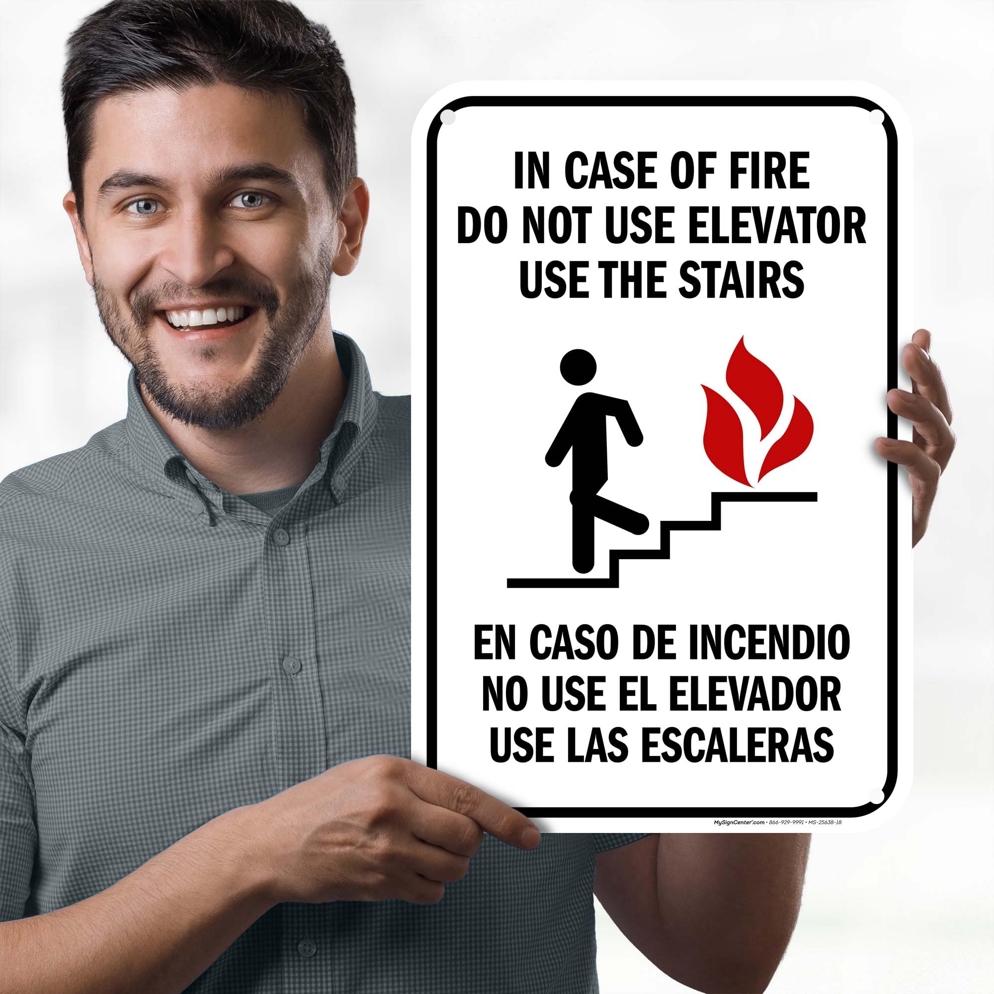 In Case Of Fire Do Not Use Elevator Use The Stairs Bilingual Sign, Fire Safety Sign, 12x18 Inches, 55 mil thick HDPS (high density polystyrene), Made in USA by My Sign Center