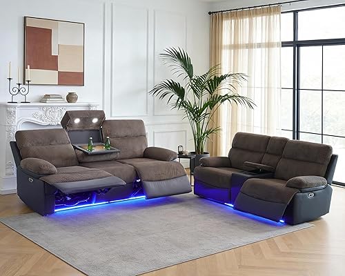 Miniatura 9 de Juego de 3 piezas para sala de estar, sofá reclinable eléctrico de cuero con puertos USB, iluminación LED y portavasos, asientos de cine en casa
