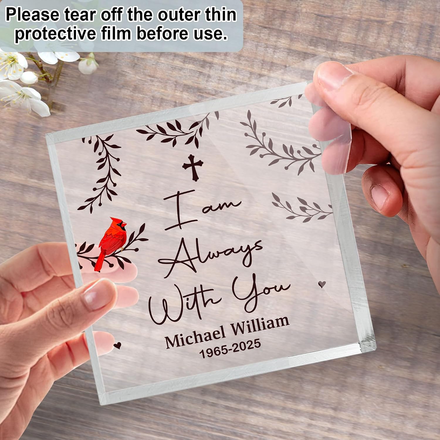 HYTURTLE Personalized Acrylic Square Plaque Memorial Gifts For Family - I'm Always With You - Cardinal Memorial Plaque For Loss Of Dad, Mom - Table Decor Remembrance Keepsake Gifts, Sympathy Gifts