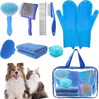 Grnheat 8PCS Dog Slicker Brush Grooming Kit for Dogs Cats - Bath Tools Towel Gloves Self-Cleaning Slicker Comb Blue