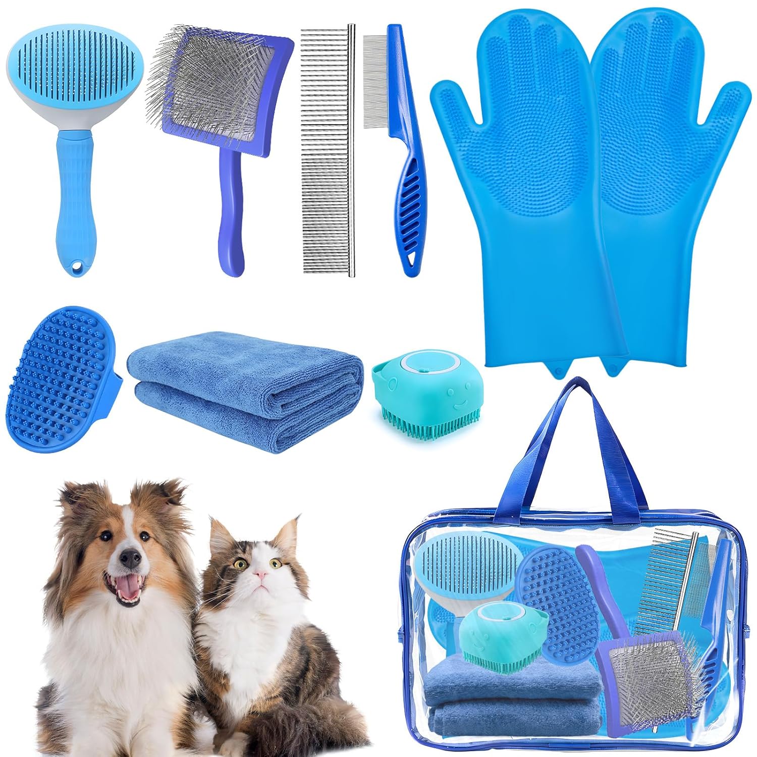 Grnheat 8PCS Dog Slicker Brush Grooming Kit for Dogs Cats - Bath Tools Towel Gloves Self-Cleaning Slicker Comb Blue