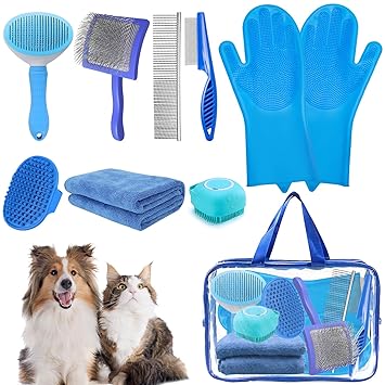 8PCS Dog Slicker Brush for Dogs Grooming Kit,Bath Grooming Kit for Pets,Hair Brush Set with Towel,Washing Gloves,Slicker Comb,and Shampoo Scrubber Brush for Small and Large Dogs and Cats(Blue)