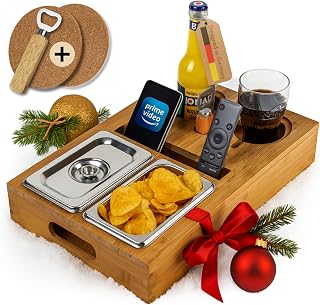 Couchbar - Das Sofatablett Mit Snackbox | Couch Bar [Holz] Mit Edelstahl Fächern für Getränke & Snacks | Ideal Als Candy Bar Oder Geschenk für Männer