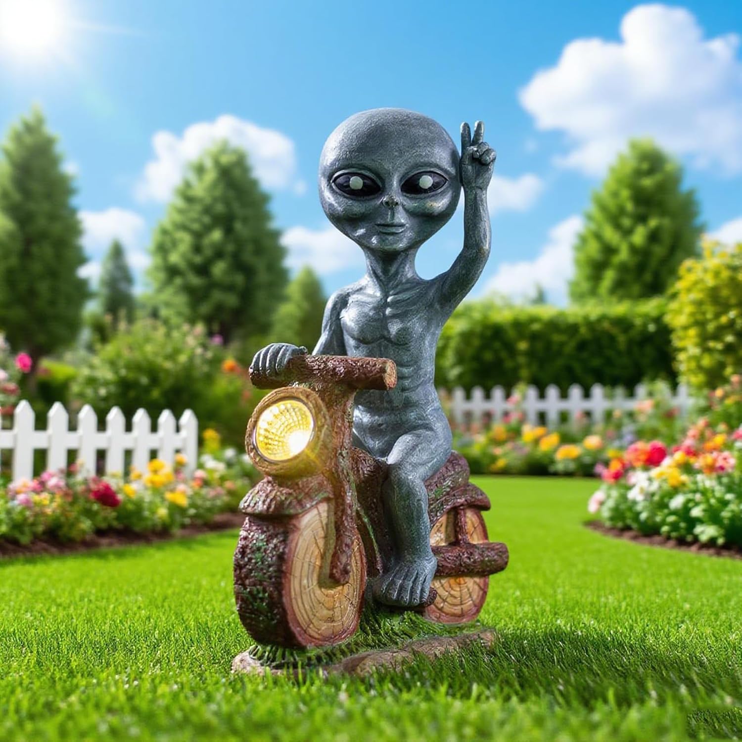 12.99 Inches Solar - Powered Alien Motorcycle Outdoor Decorative Statue. Ideal for adorning courtyards, lawns, and Balconies. Unique Housewarming Gift for Yards
