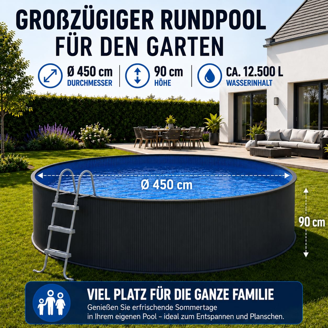 poolomio Stahlwandpool Set rund Ø 450 x 90 cm anthrazit 12.500 l mit Leiter | Komplettset mit Sicherheitsleiter, Kartuschenfilter & PVC-Innenfolie – Made in Europe nach EN 16562-1, einfacher DIY-Aufbau