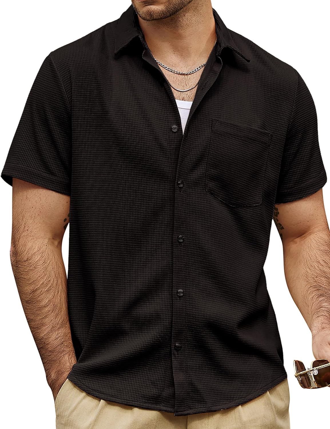 VATPAVE Mens Casual Waffle Shirt Short Sleeve Button Down Summer Shirts Loose Fit Beach Shirts