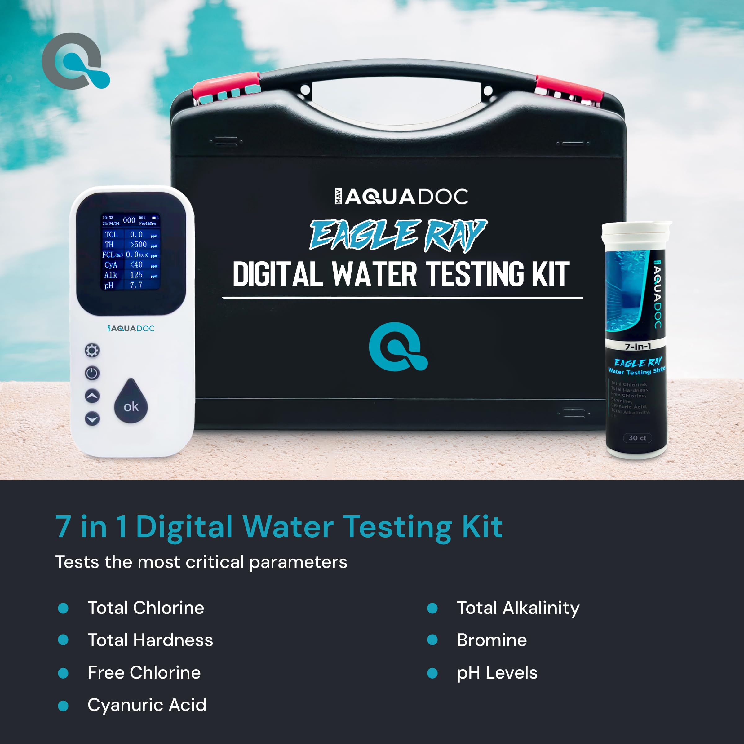 Eagle Ray Digital Pool Water Test Kit by AquaDoc with Digital Water Tester and 30 Pool Test Strips for Chlorine, Bromine, Total Hardness, Cyanuric Acid, Alkalinity, and pH - image 2